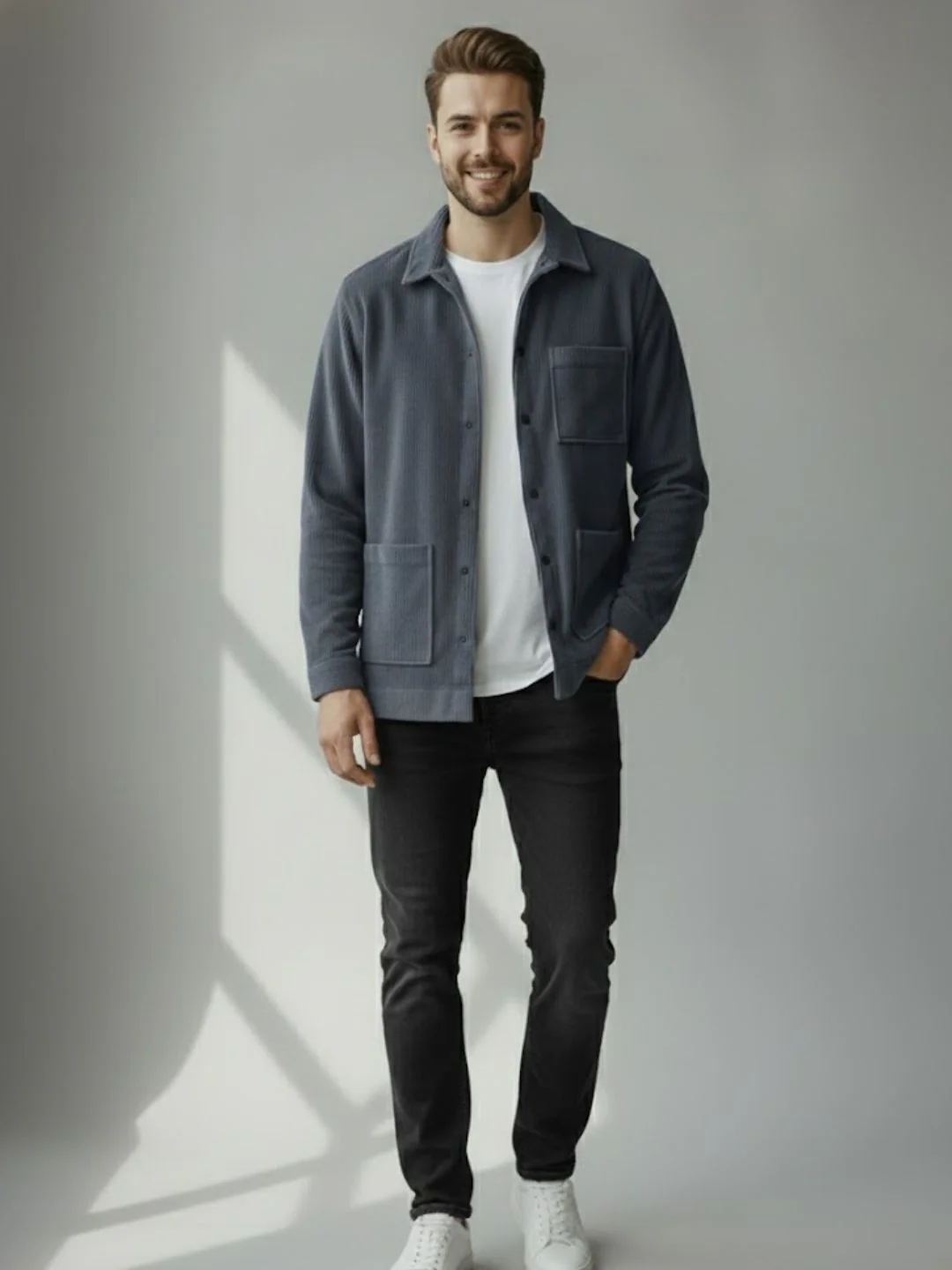 Men Blue Textured Casual Jacket - Image 4