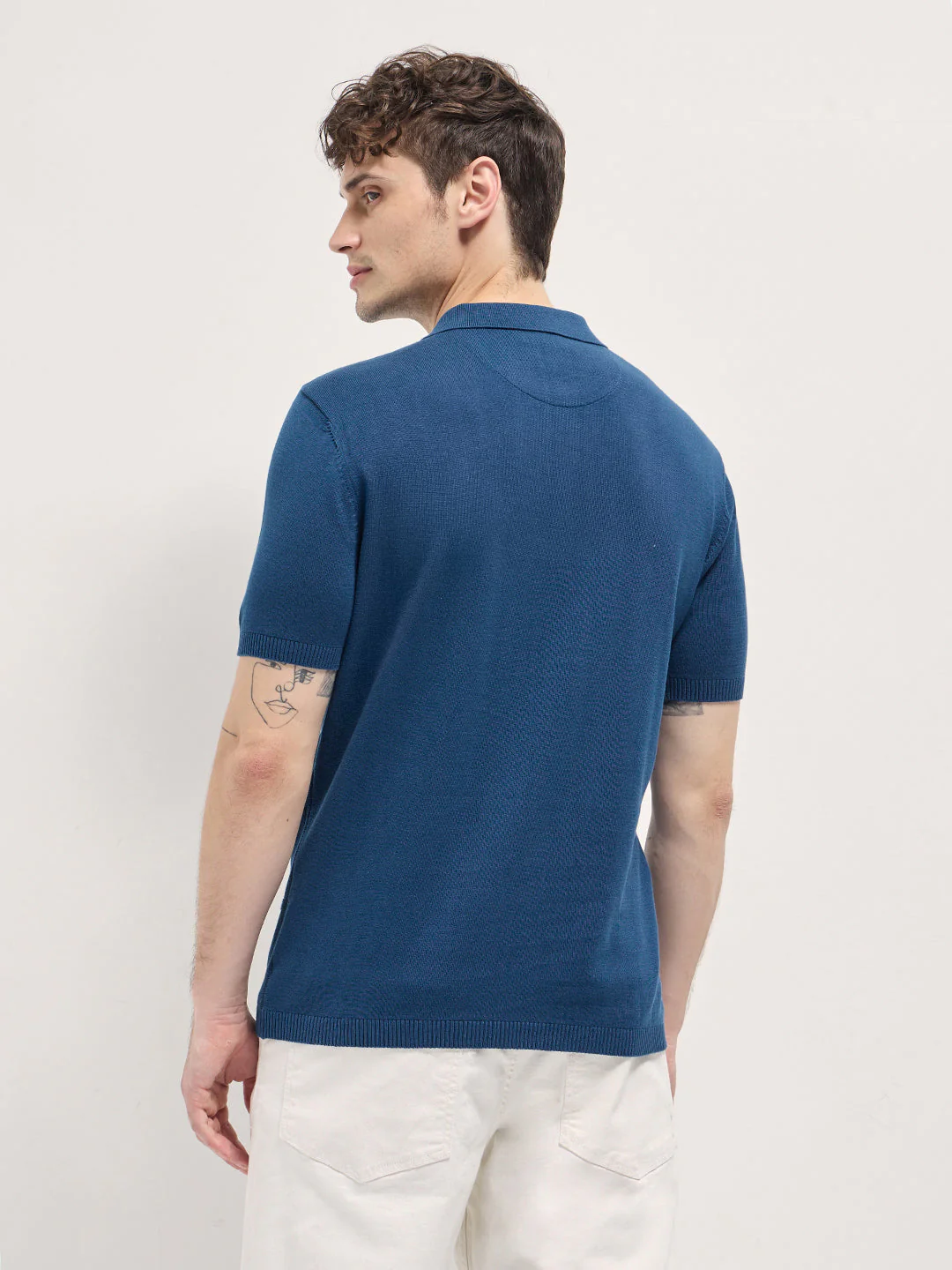 Men Blue Textured Checkered Design Slim Fit Polo - Image 2