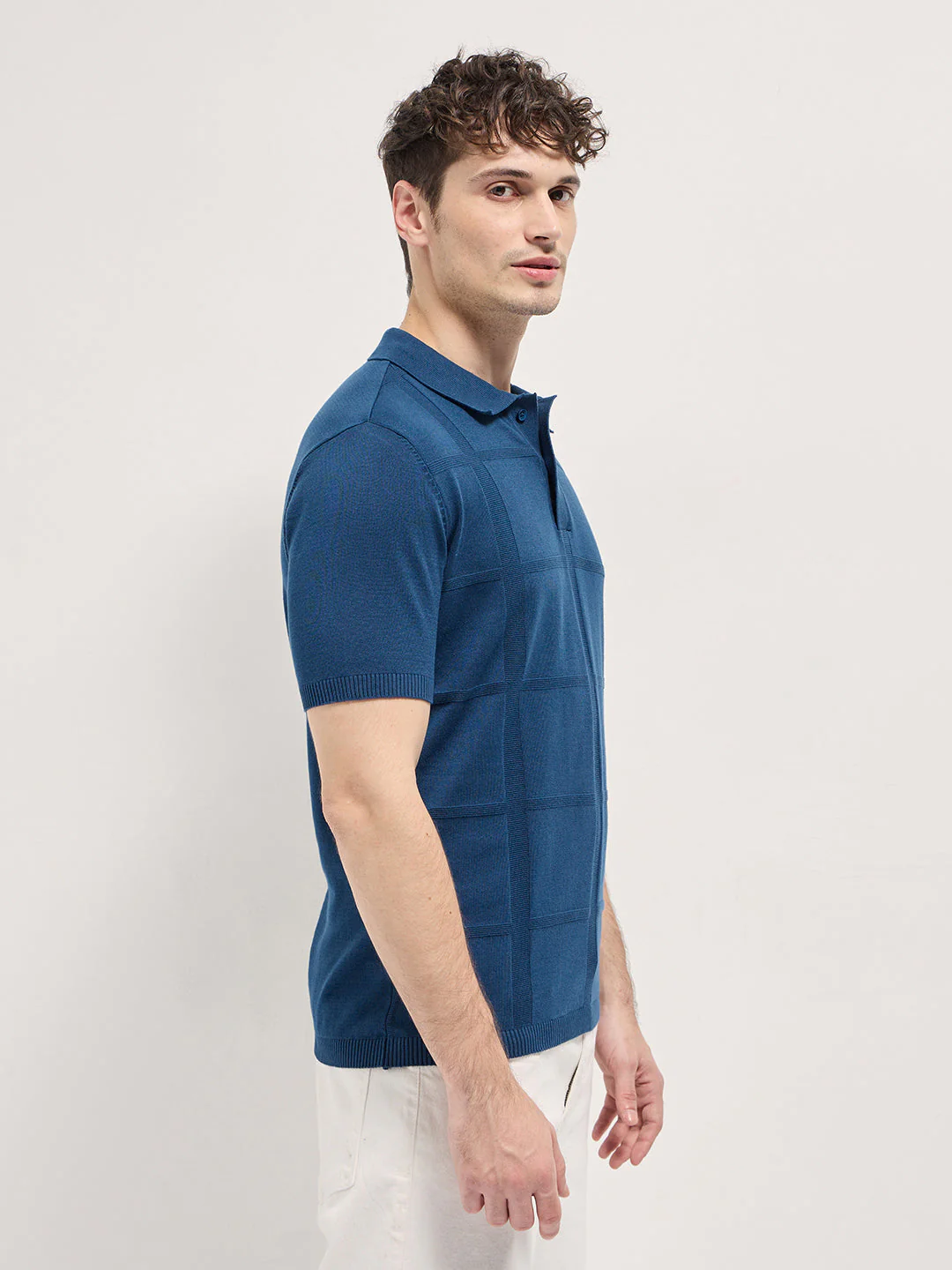 Men Blue Textured Checkered Design Slim Fit Polo - Image 3