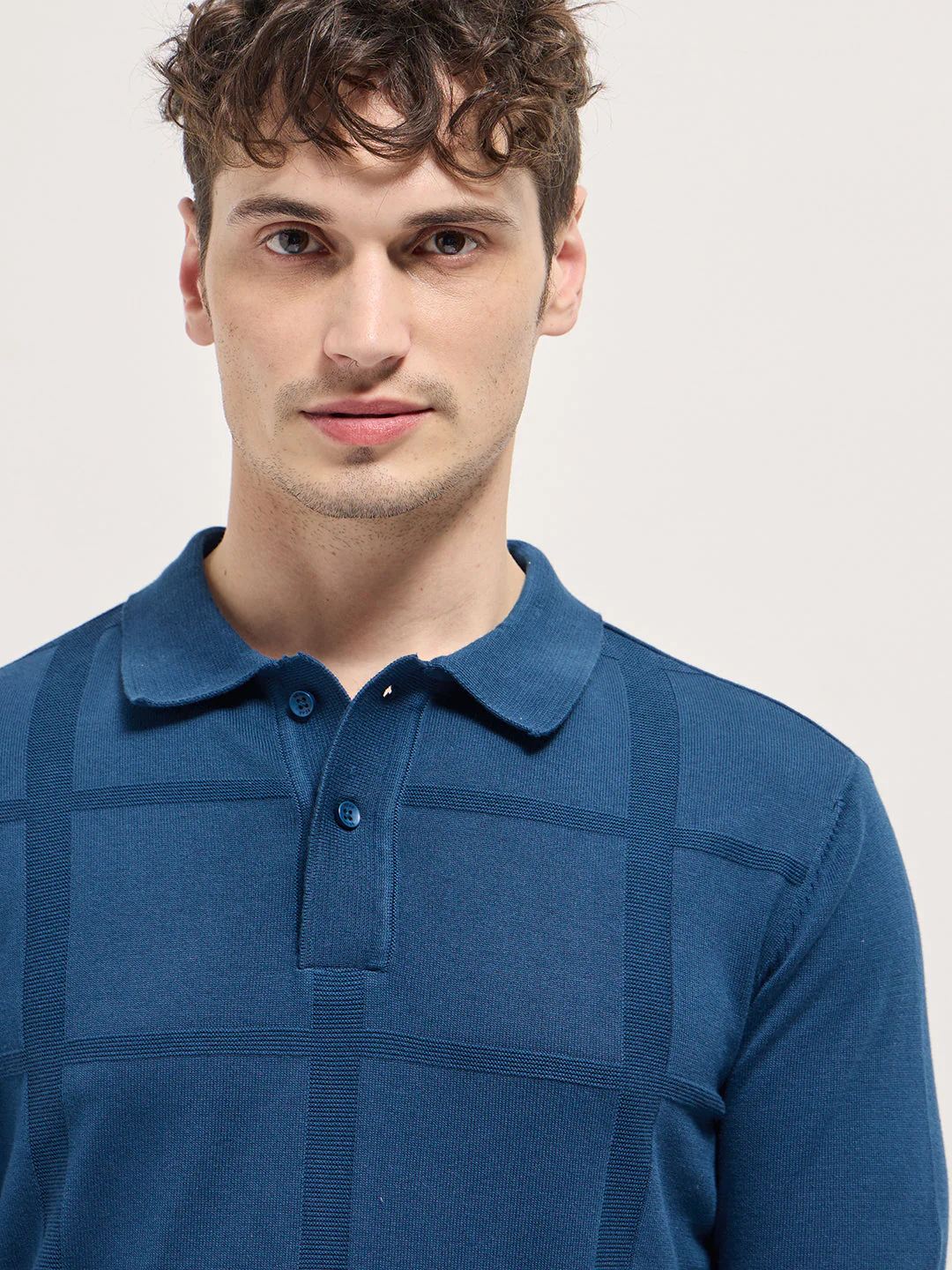 Men Blue Textured Checkered Design Slim Fit Polo - Image 5