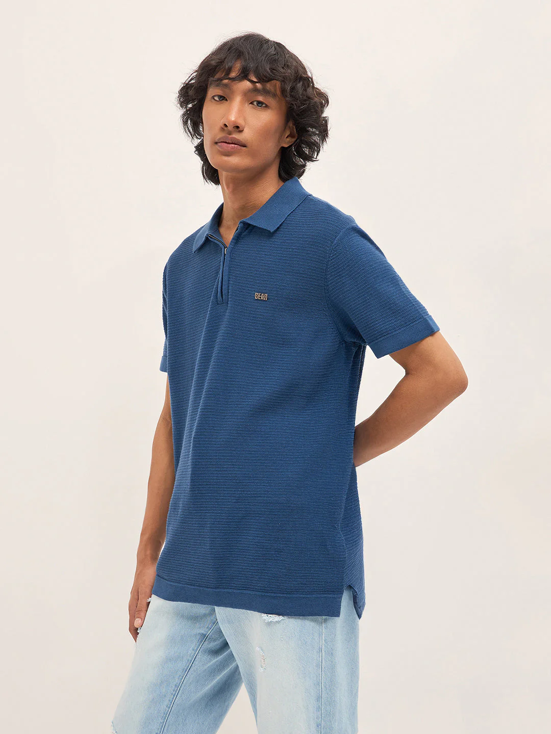 Men Blue Textured Flat Knit Slim Fit Polo - Image 3