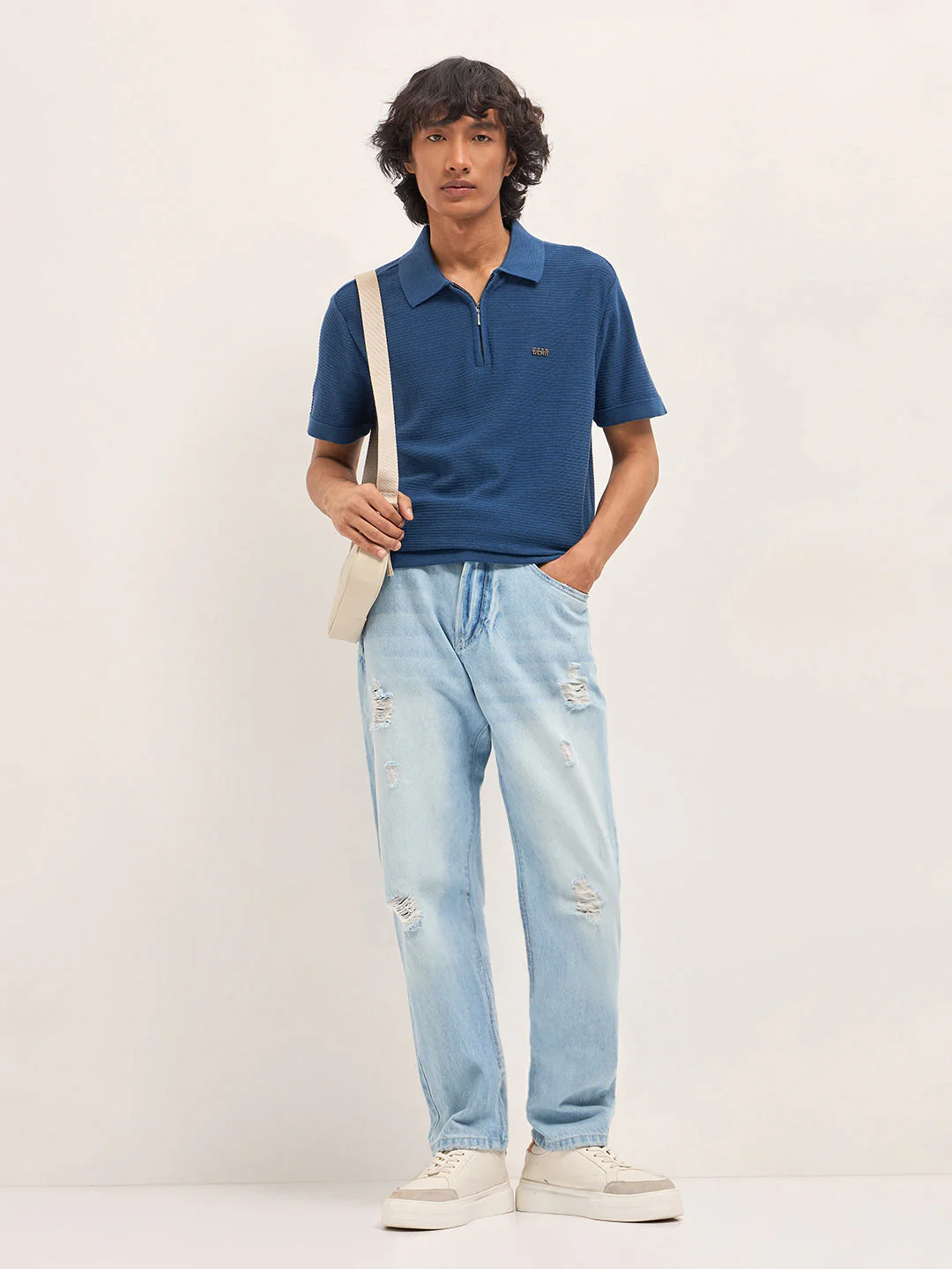 Men Blue Textured Flat Knit Slim Fit Polo - Image 4