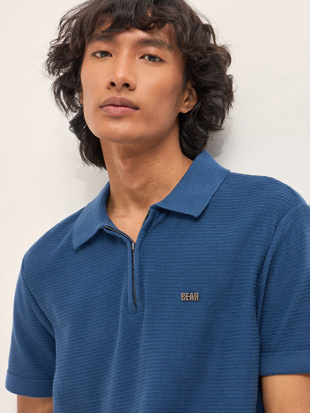 Men Blue Textured Flat Knit Slim Fit Polo - Image 5