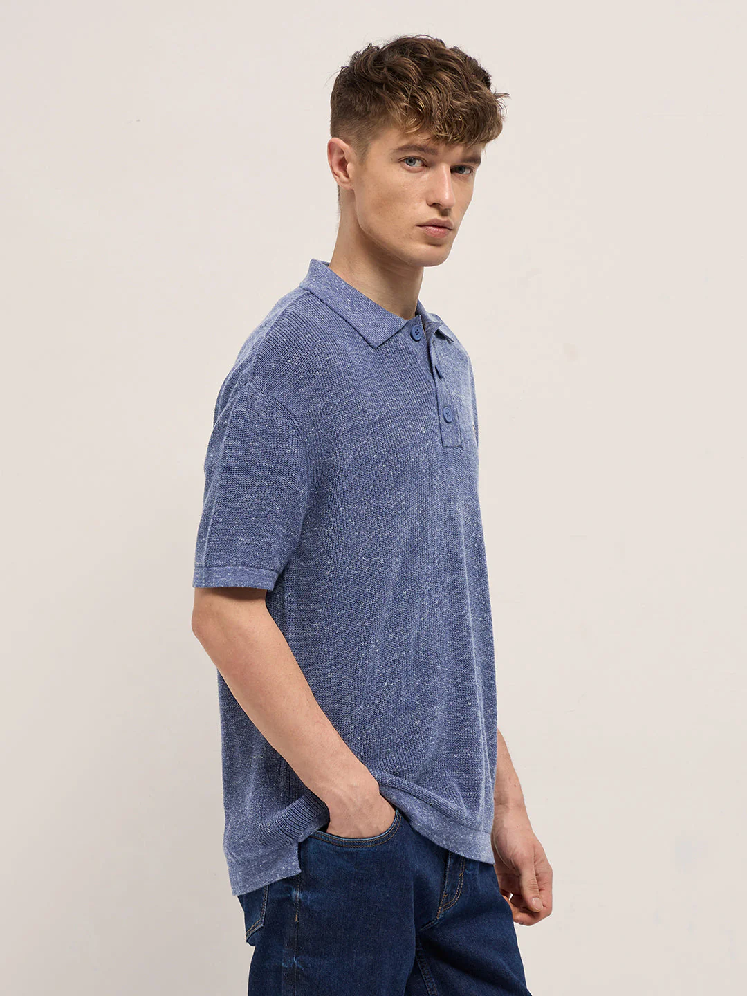 Men Blue Textured Knit Relaxed Fit Polo - Image 3
