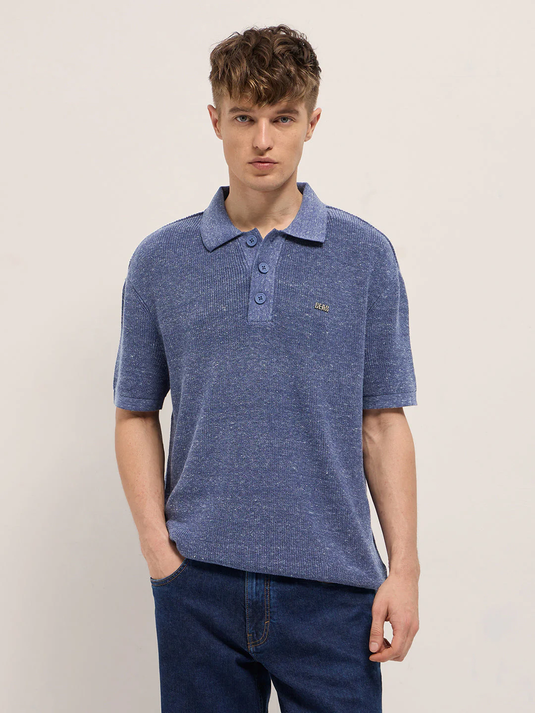 Men Blue Textured Knit Relaxed Fit Polo - Image 6