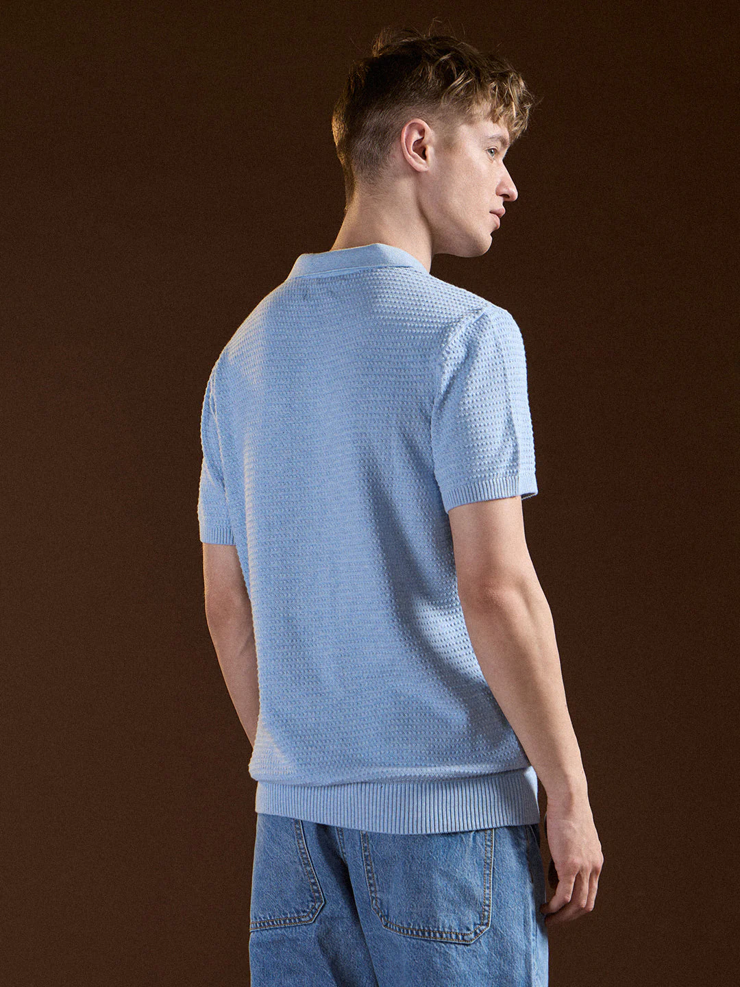 Men Blue Textured Slim Fit V-Notch Style Polo - Image 2