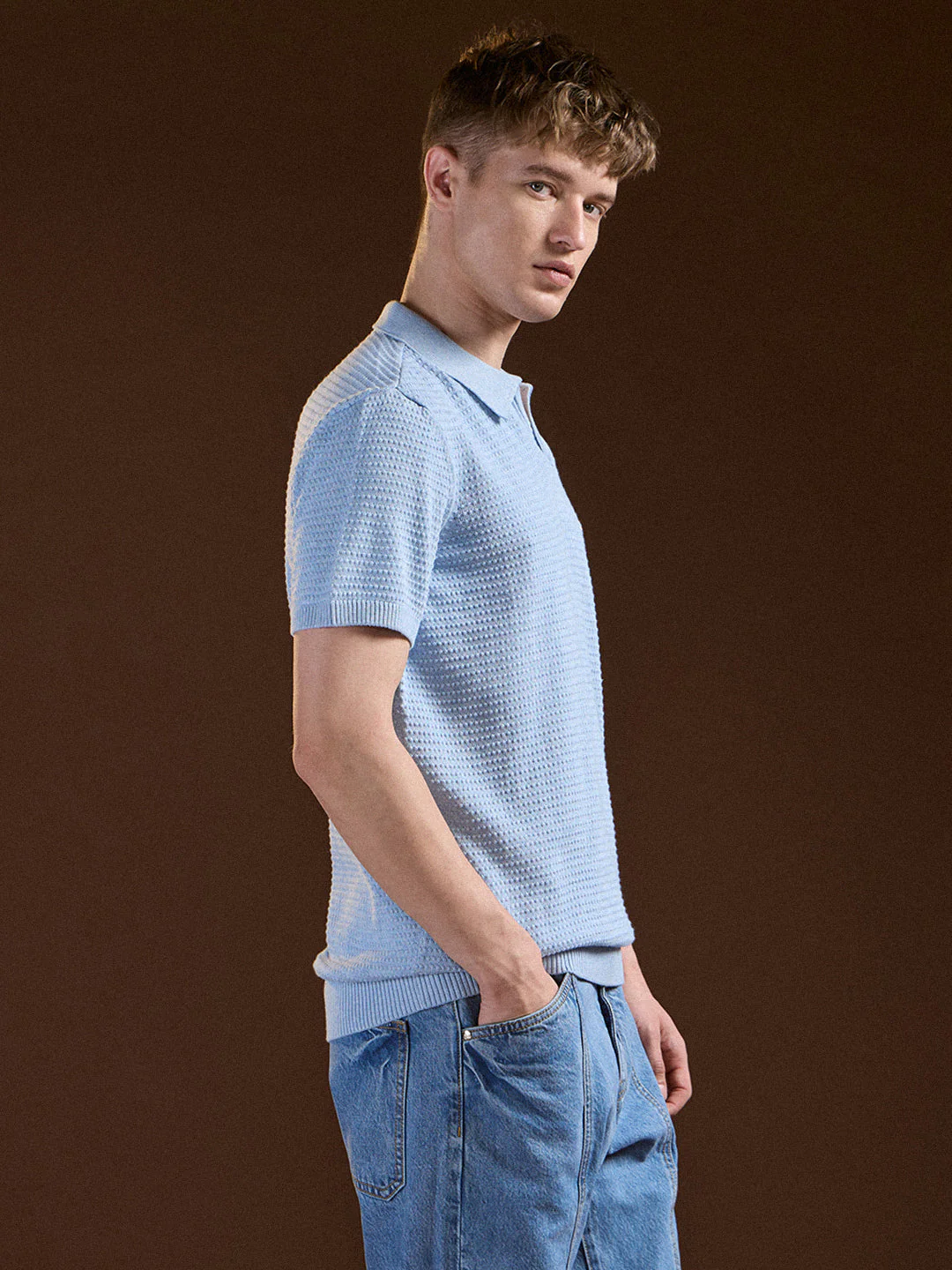 Men Blue Textured Slim Fit V-Notch Style Polo - Image 3