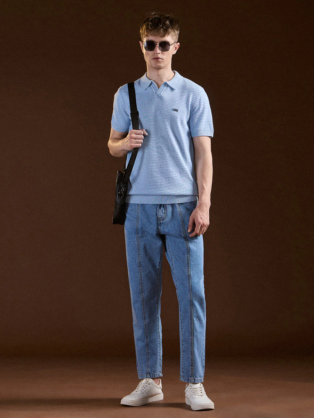 Men Blue Textured Slim Fit V-Notch Style Polo - Image 4