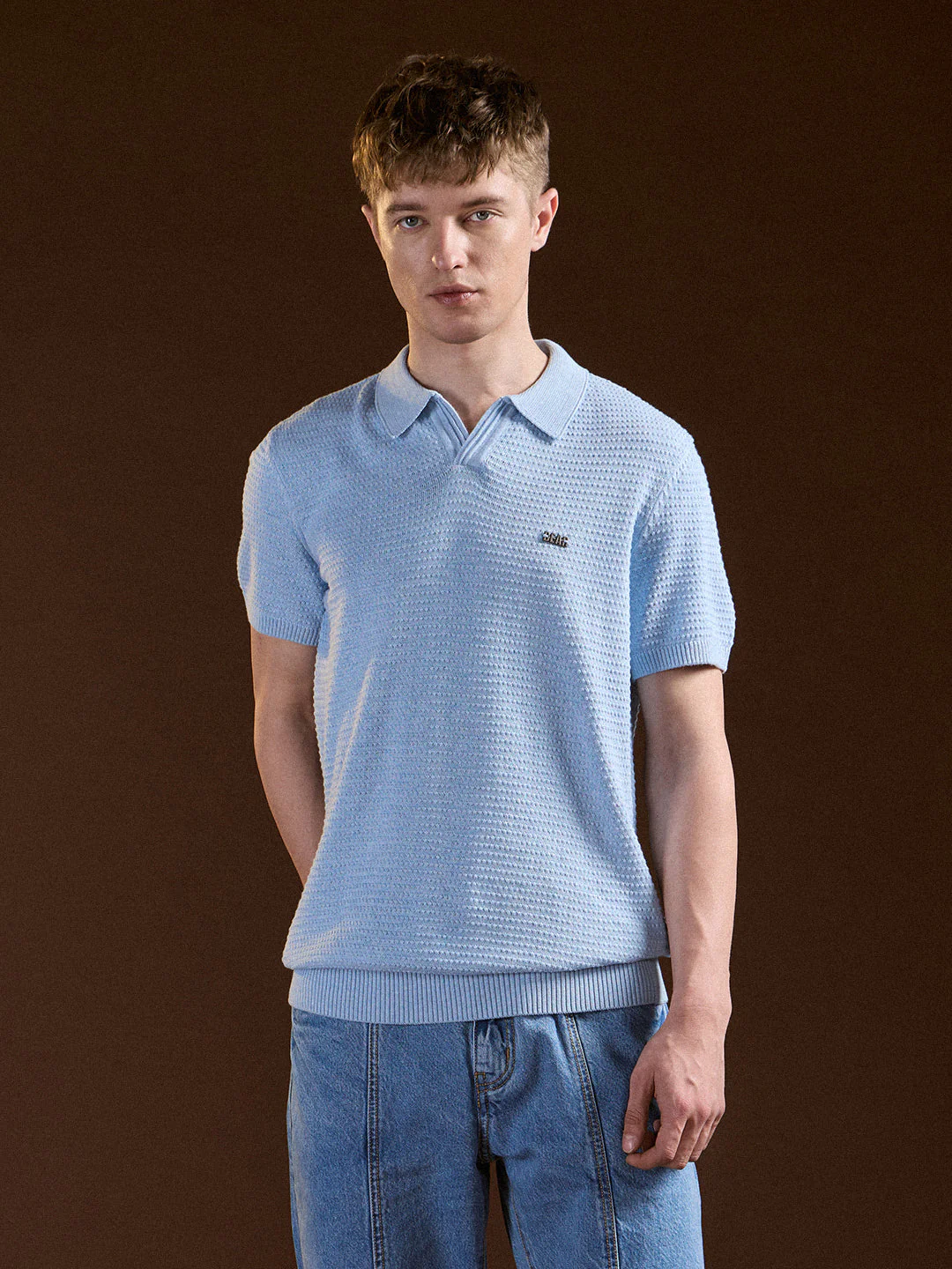 Men Blue Textured Slim Fit V-Notch Style Polo - Image 6
