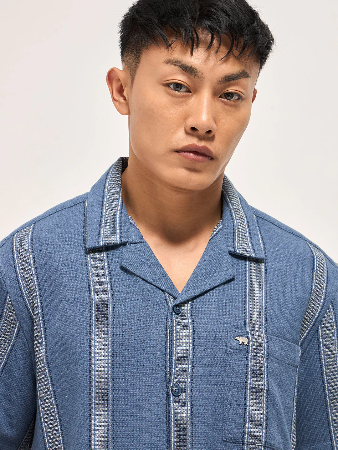 Men Blue Textured Striped Regular Fit Casual Shirt - Image 5
