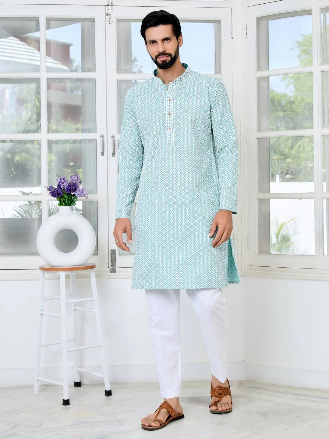 Men Blue Thread Embroidered And Sequinned Rayon Straight Kurta