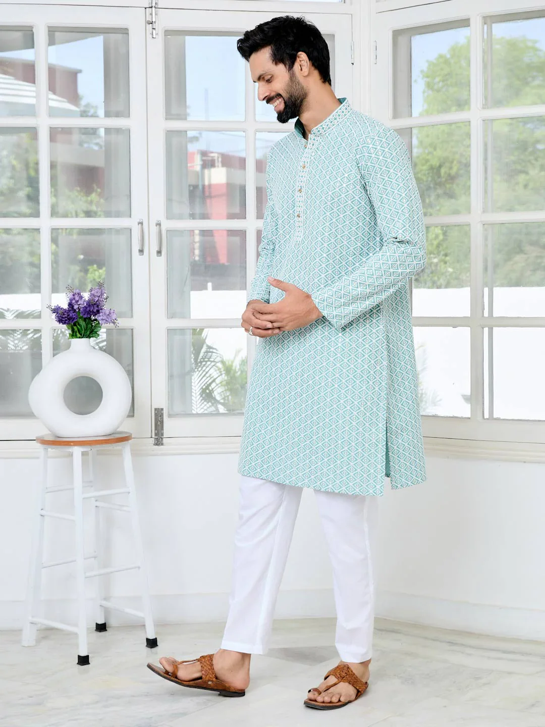 Men Blue Thread Embroidered And Sequinned Rayon Straight Kurta - Image 6