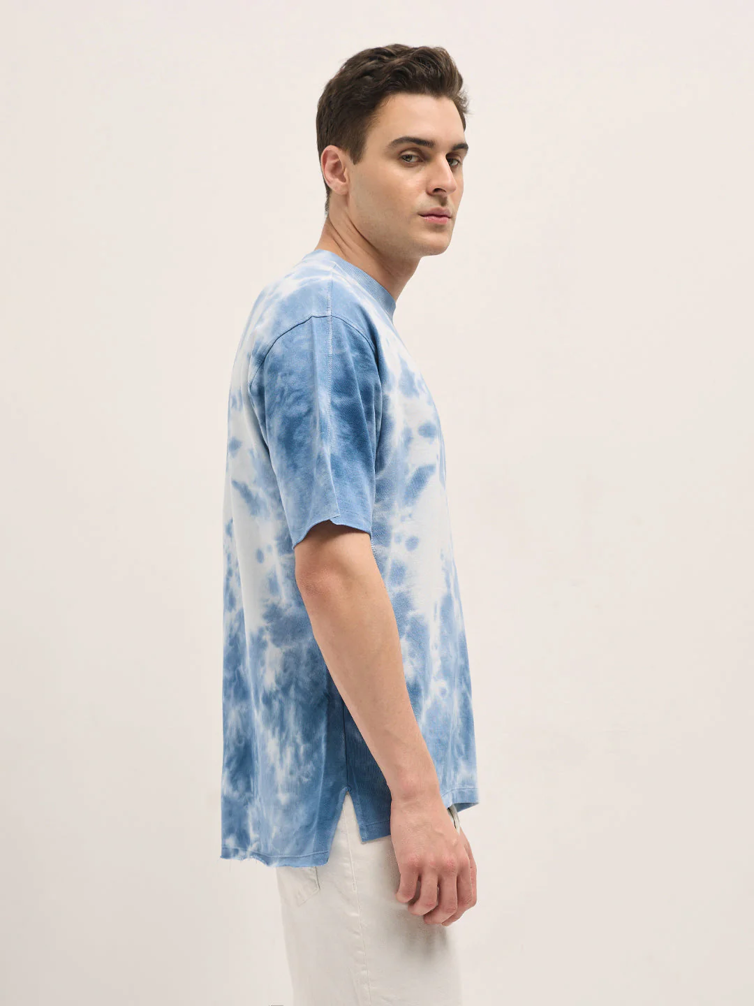Men Blue Tie-Dye Oversized Crew Neck T-shirt - Image 3