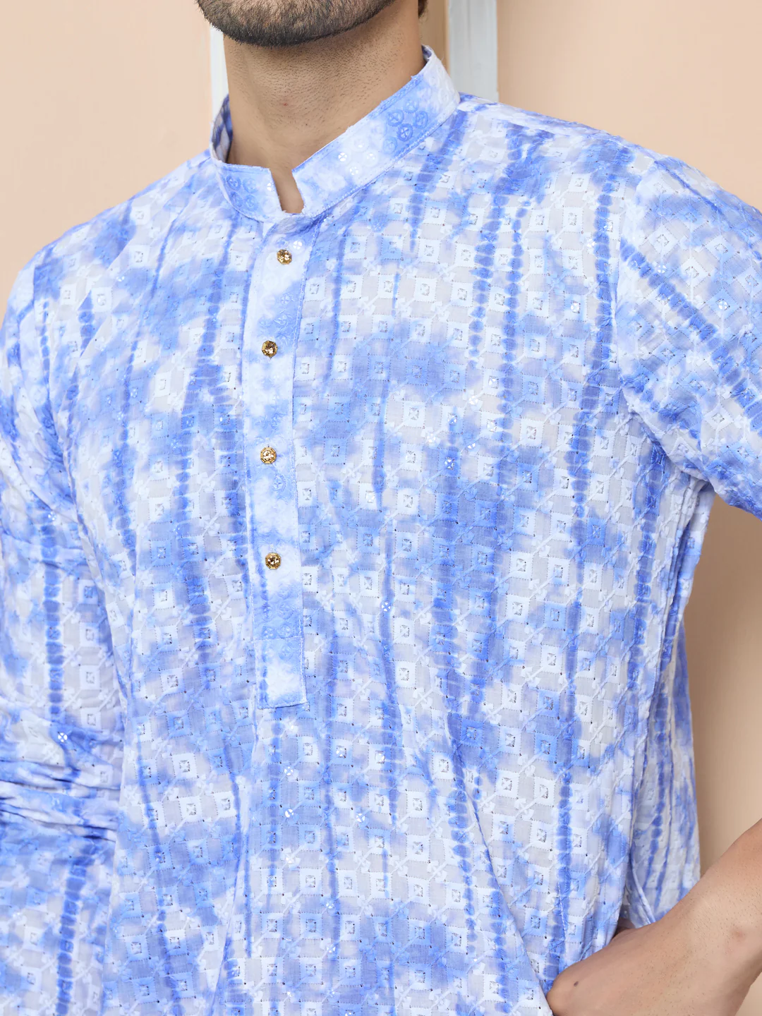 Men Blue Tie & Dye Printed & Embroidered Cotton Straight Kurta - Image 2