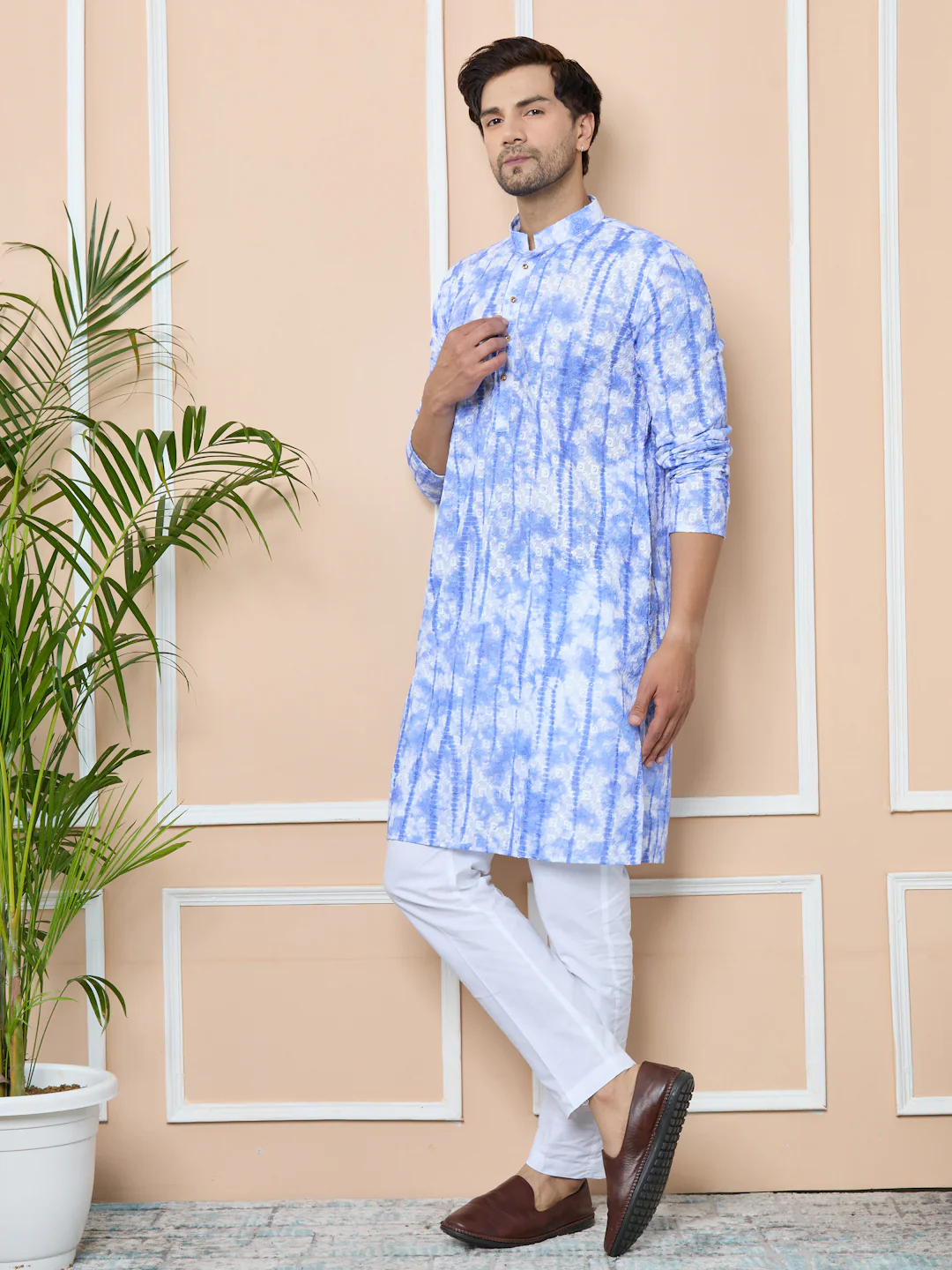 Men Blue Tie & Dye Printed & Embroidered Cotton Straight Kurta - Image 4
