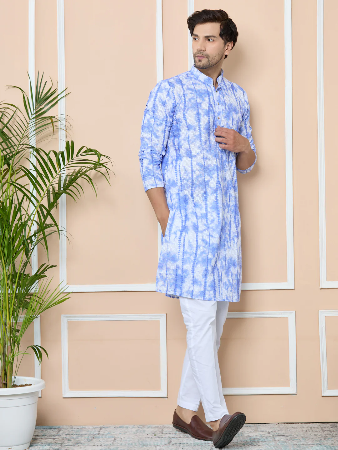 Men Blue Tie & Dye Printed & Embroidered Cotton Straight Kurta - Image 5
