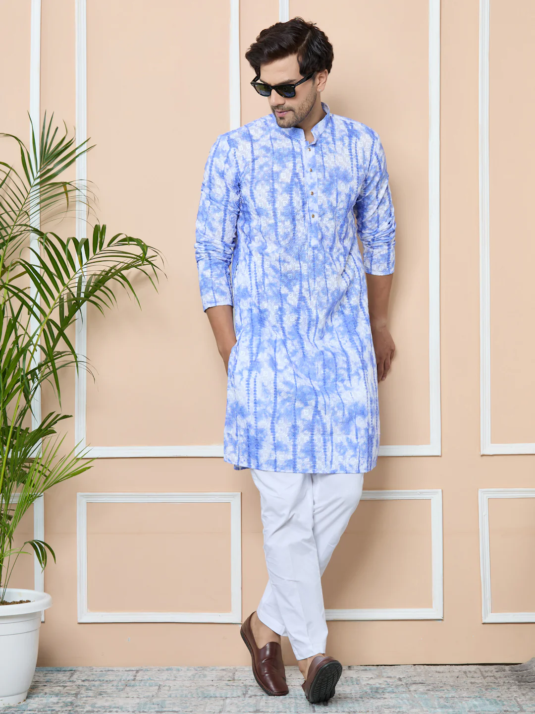 Men Blue Tie & Dye Printed & Embroidered Cotton Straight Kurta - Image 6