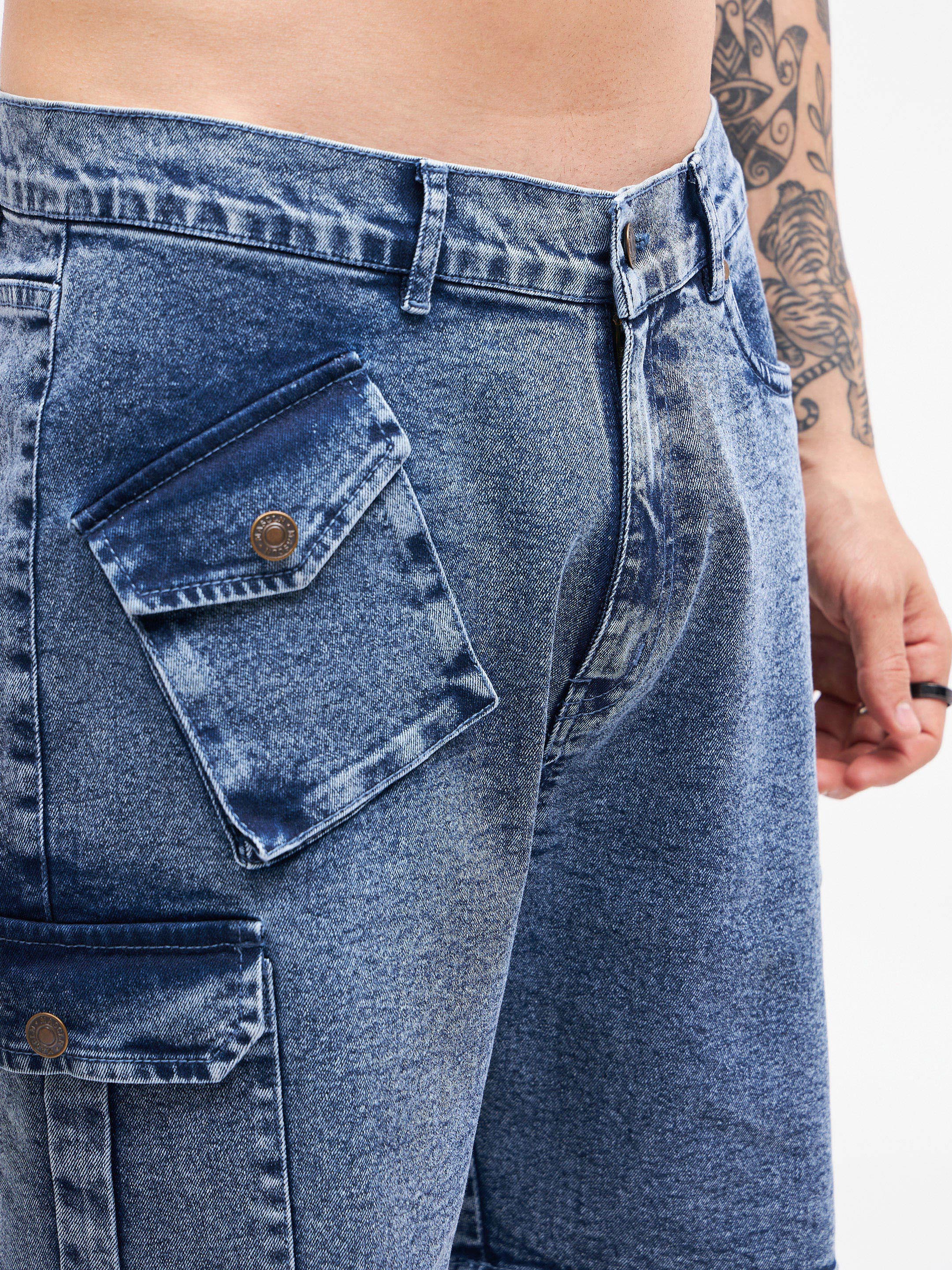 Men Blue Utility Pocket  Denim Shorts - Image 3