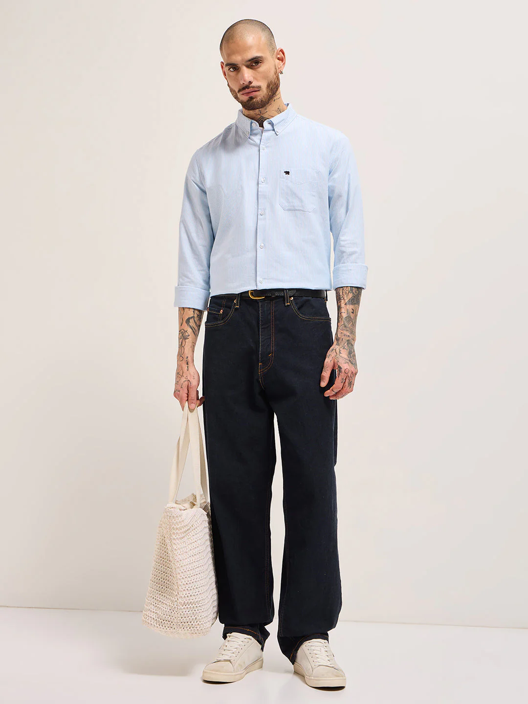 Men Blue Vertical Pin Stripes Slim Fit Casual Shirt - Image 4