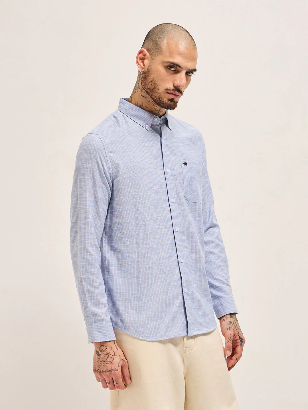 Men Blue Vertical Pin Stripes Slim Fit Casual Shirt - Image 3