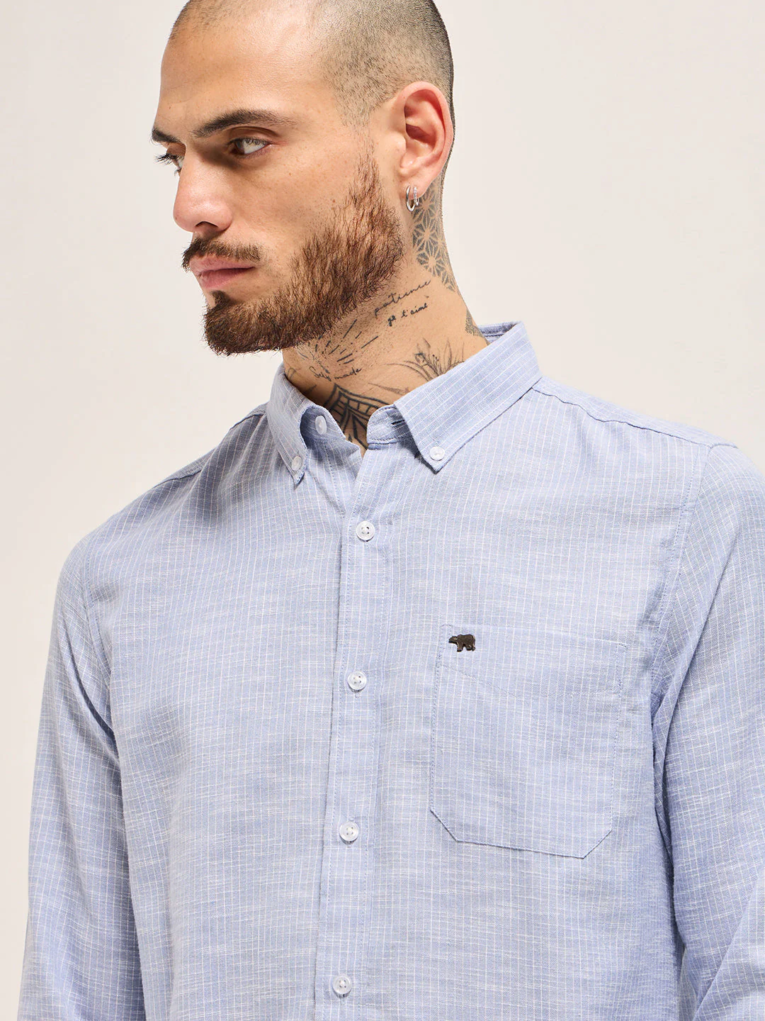Men Blue Vertical Pin Stripes Slim Fit Casual Shirt - Image 5