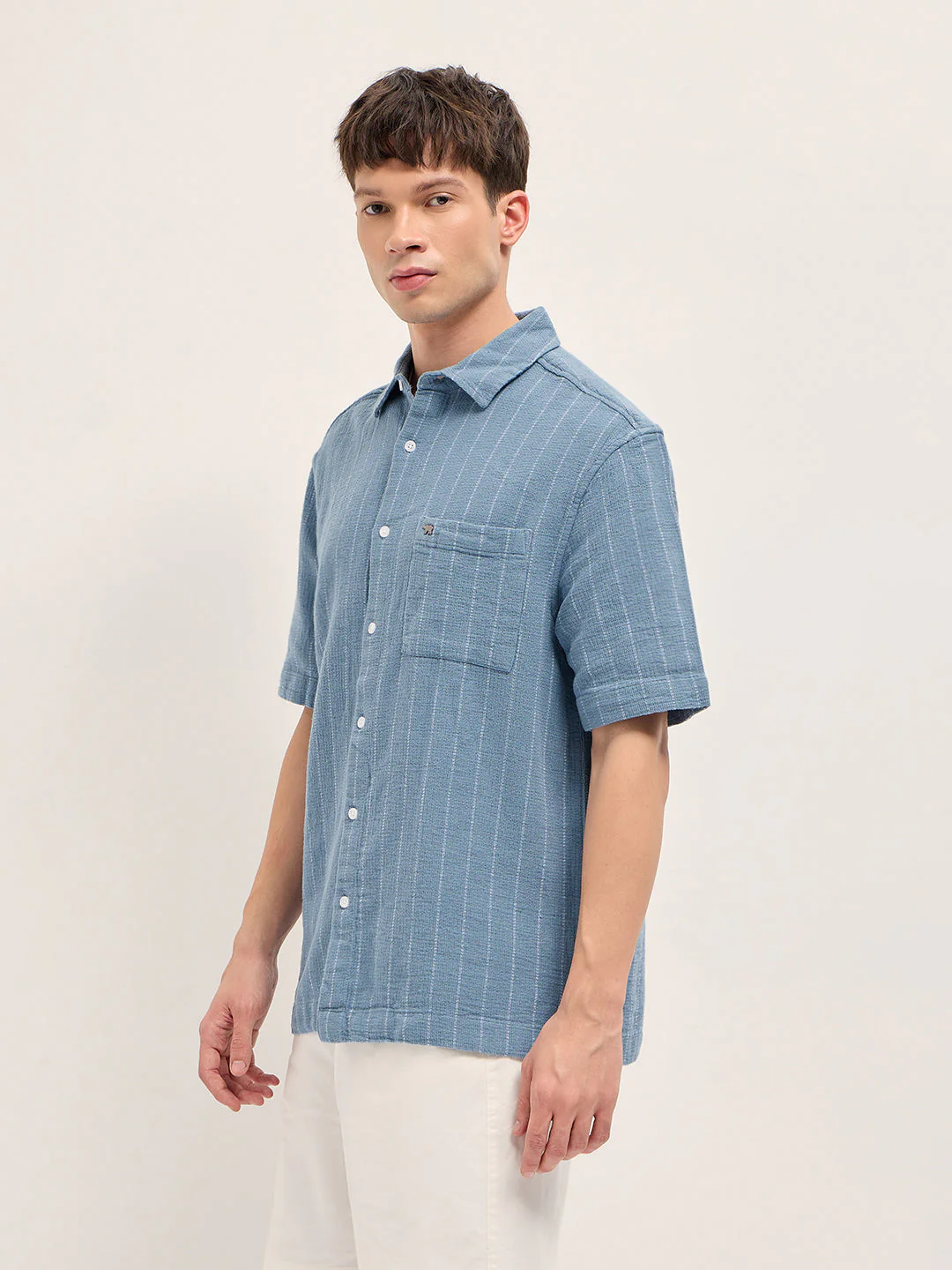 Men Blue Vertical Textured Woven Stripe Relaxed Fit Casual Shirt - Image 3