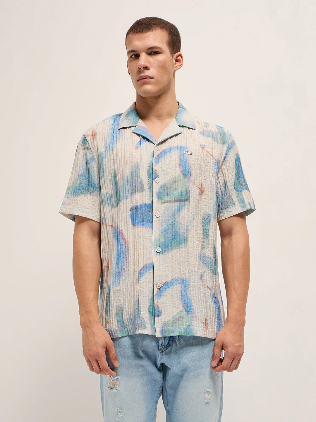 Men Blue Viscose Abstract print Relaxed Fit Cuban Collar Shirt - Image 5