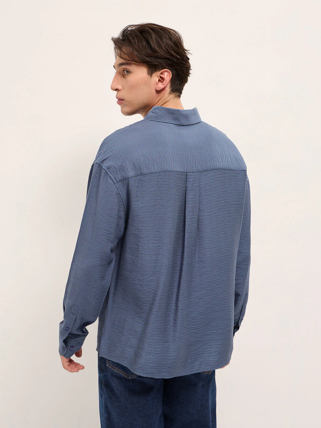 Men Blue Viscose Herringbone Design Relax Fit Casual shirt - Image 2