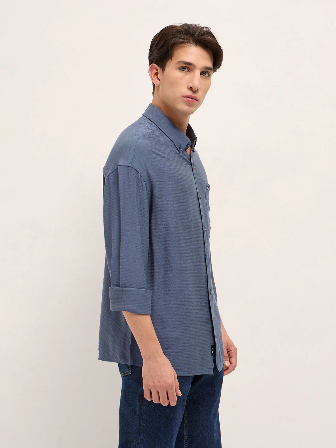 Men Blue Viscose Herringbone Design Relax Fit Casual shirt - Image 3
