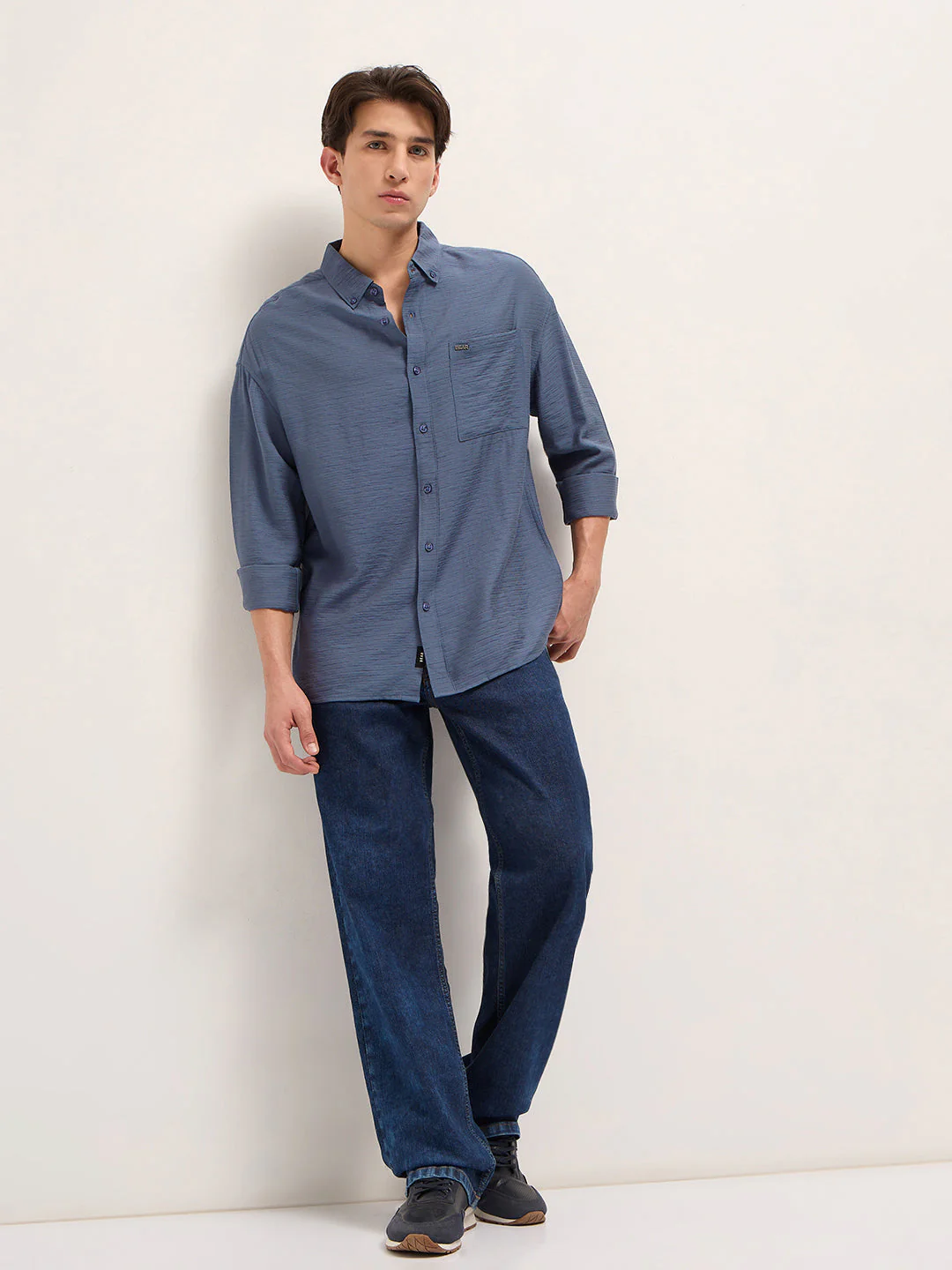 Men Blue Viscose Herringbone Design Relax Fit Casual shirt - Image 4