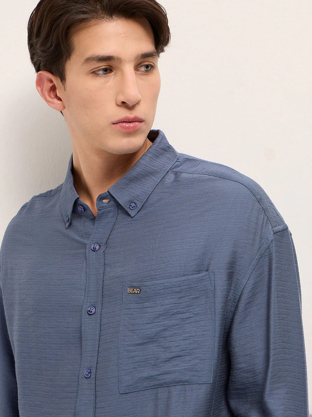 Men Blue Viscose Herringbone Design Relax Fit Casual shirt - Image 5