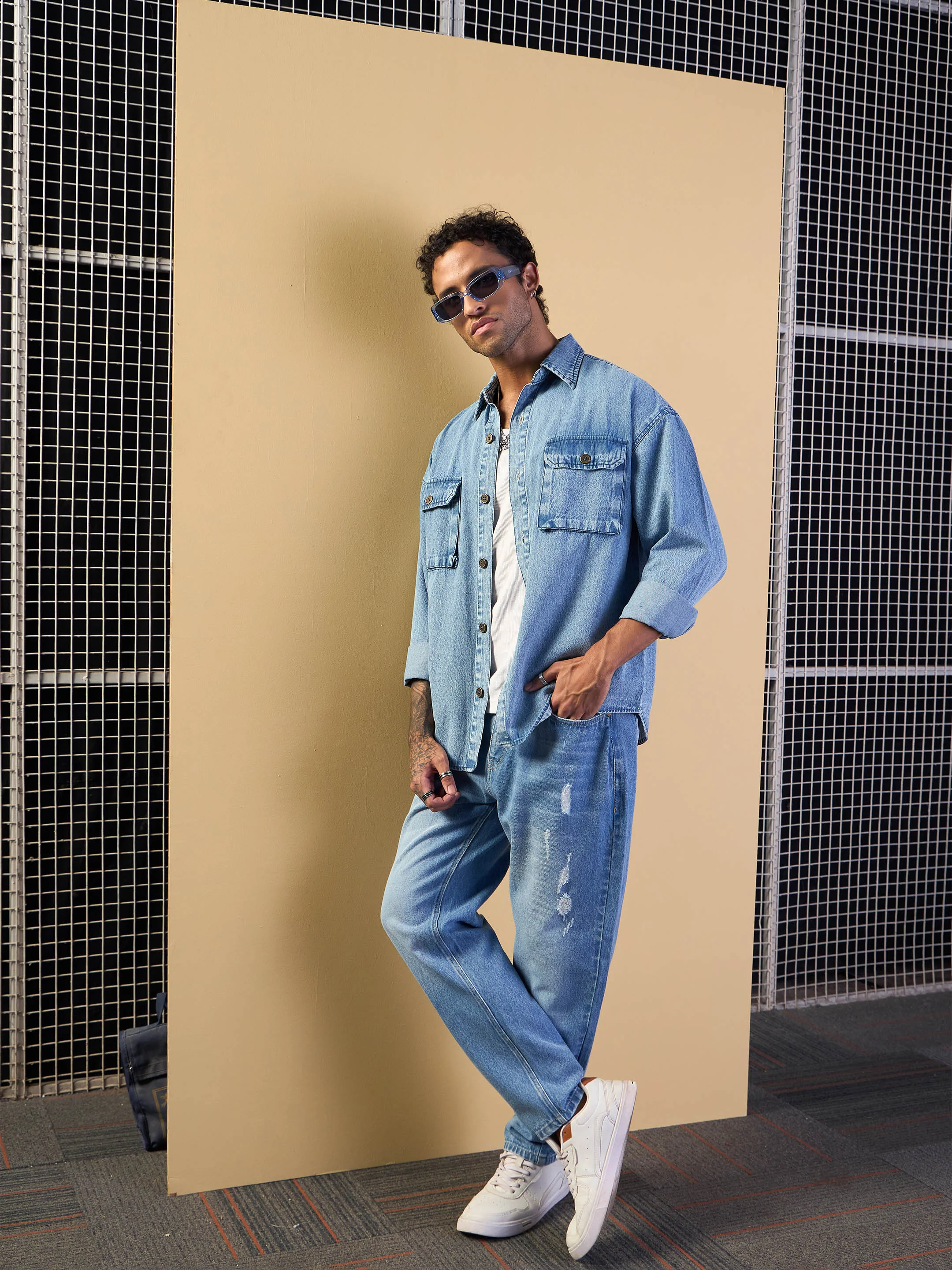 Men Blue Washed Denim Oversize Shacket - Image 2