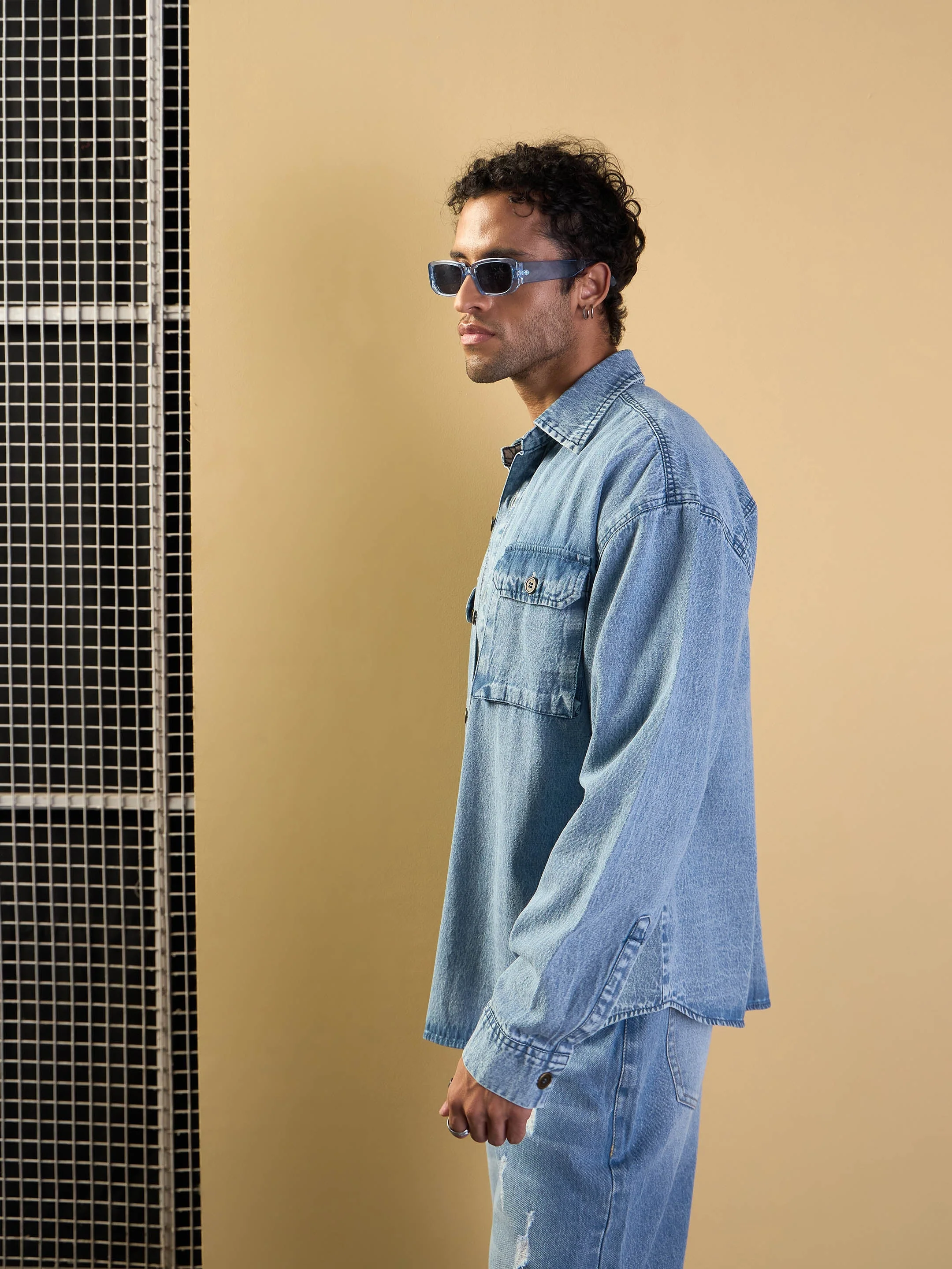 Men Blue Washed Denim Oversize Shacket - Image 3