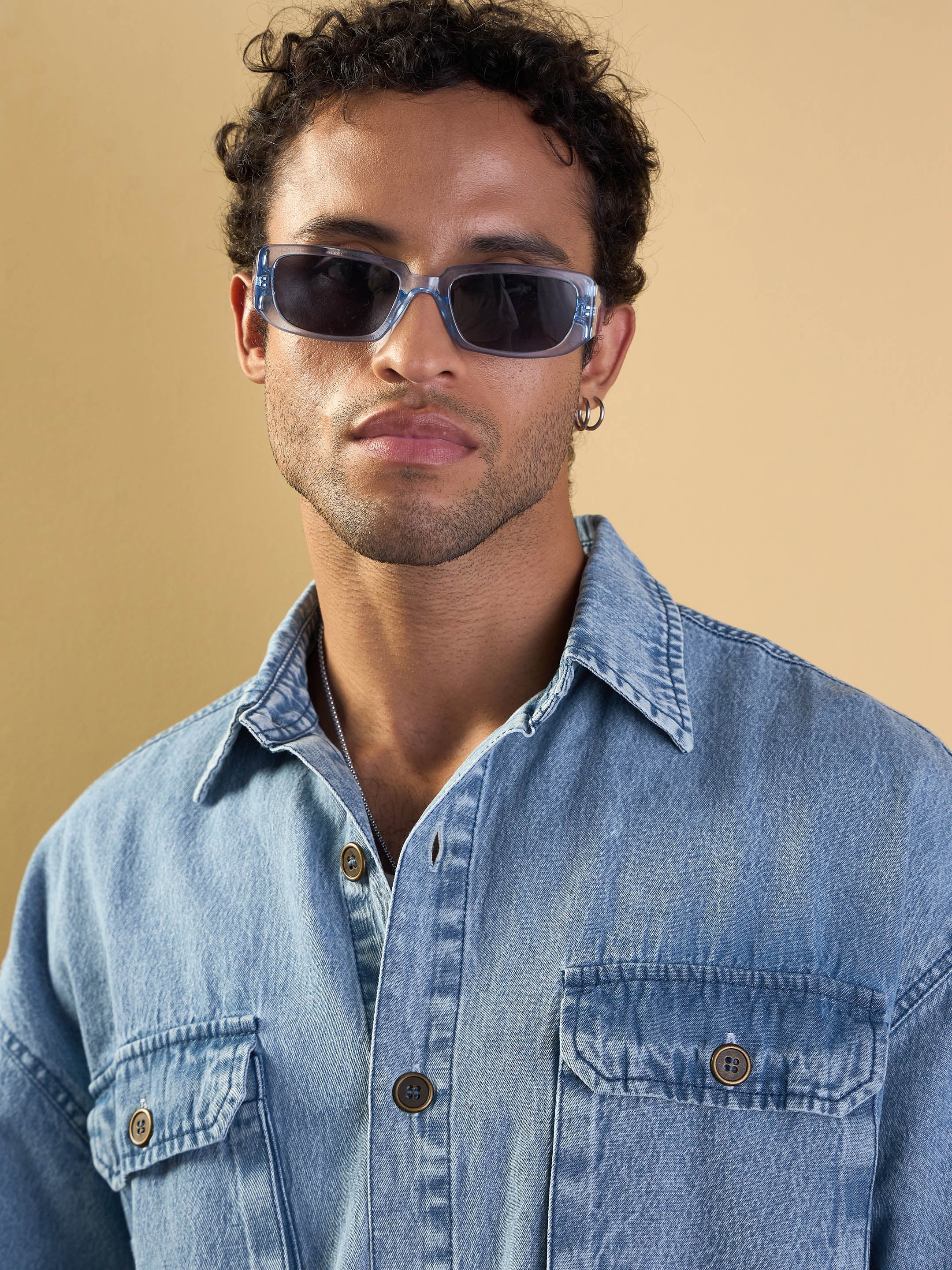 Men Blue Washed Denim Oversize Shacket - Image 4