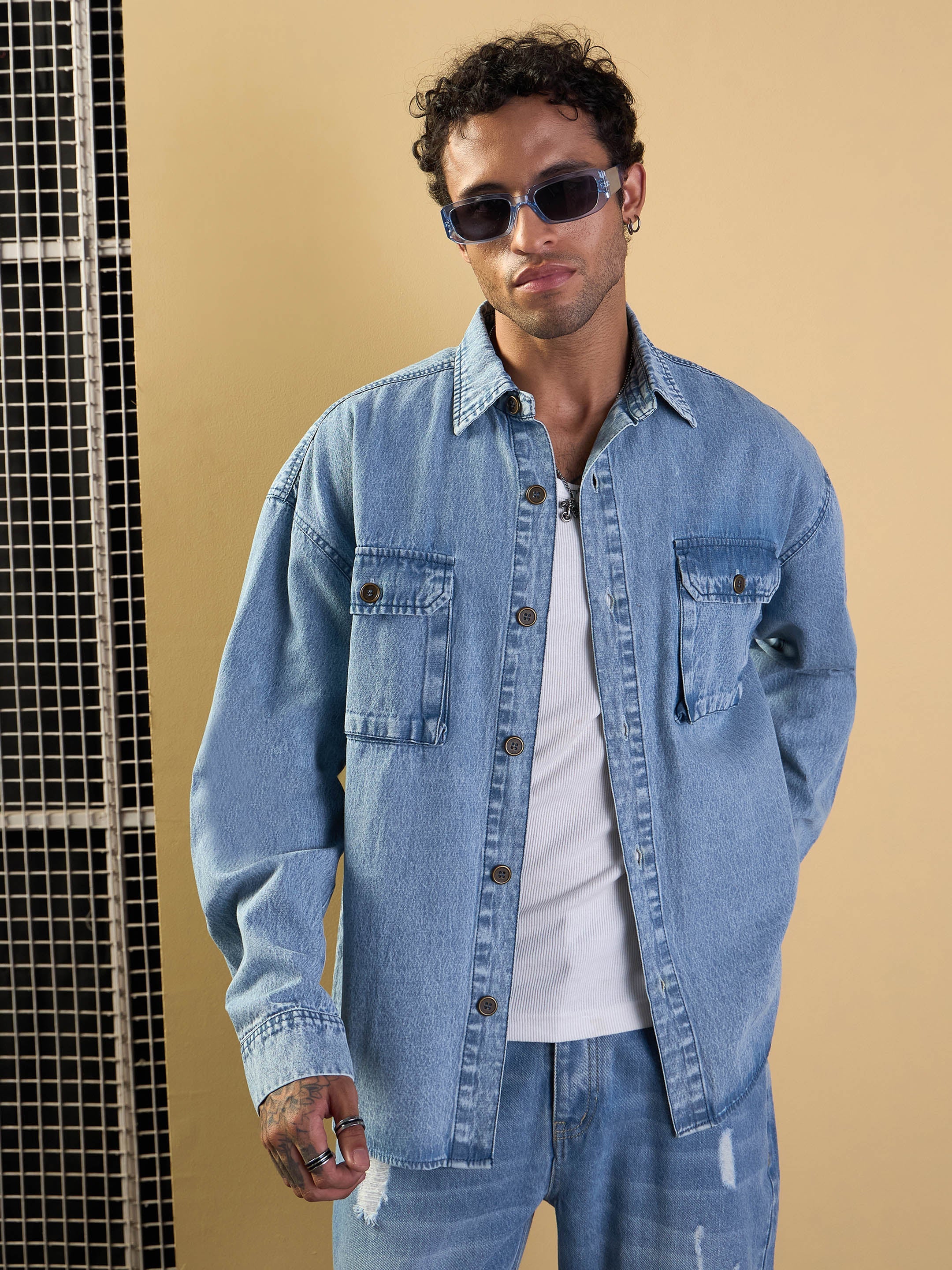 Men Blue Washed Denim Oversize Shacket - Image 6