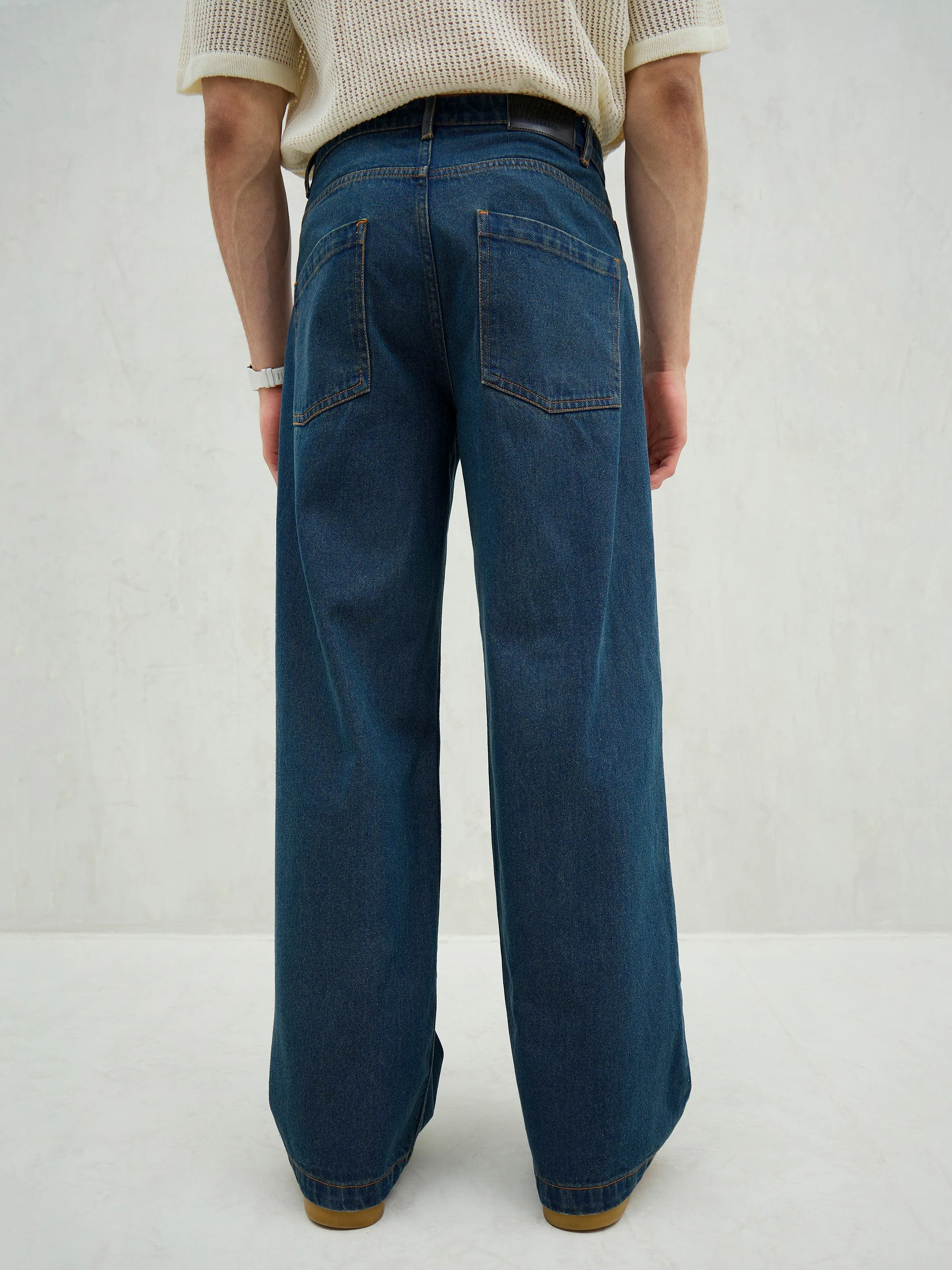 Men Blue Washed Knee Distressed Wide Leg Jeans - Image 2