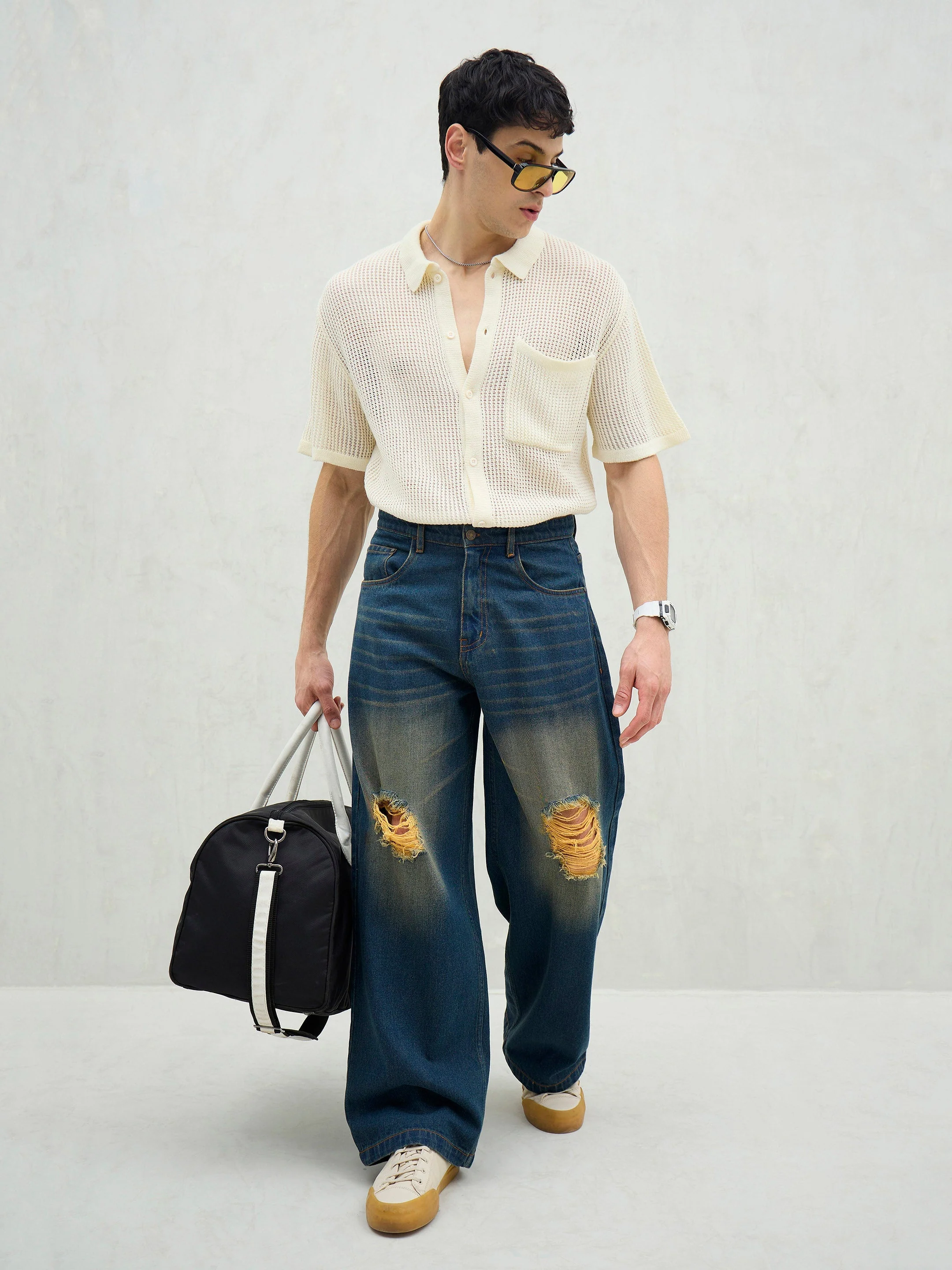 Men Blue Washed Knee Distressed Wide Leg Jeans - Image 6