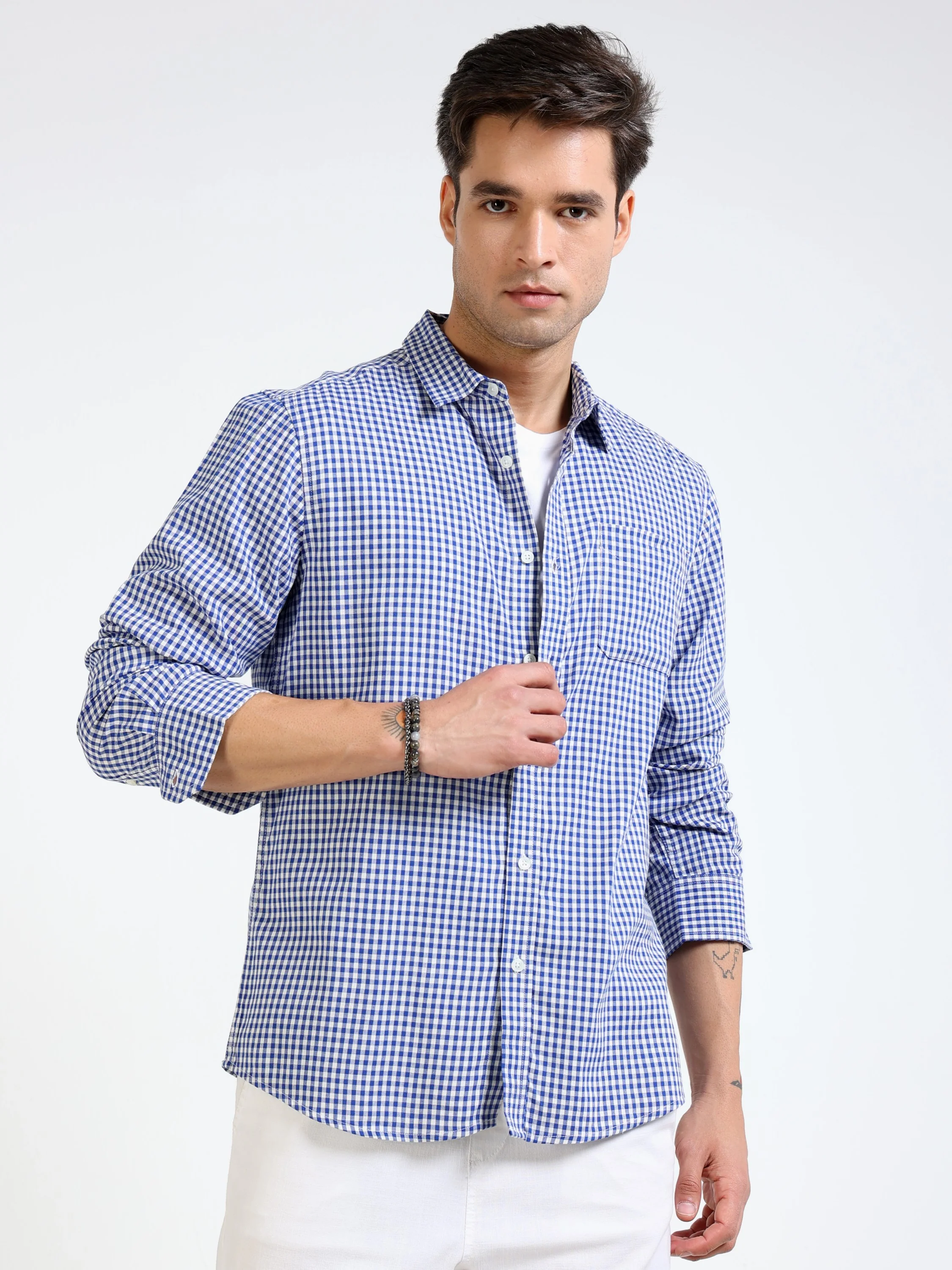 Men Blue Casual Check Shirt - Image 6