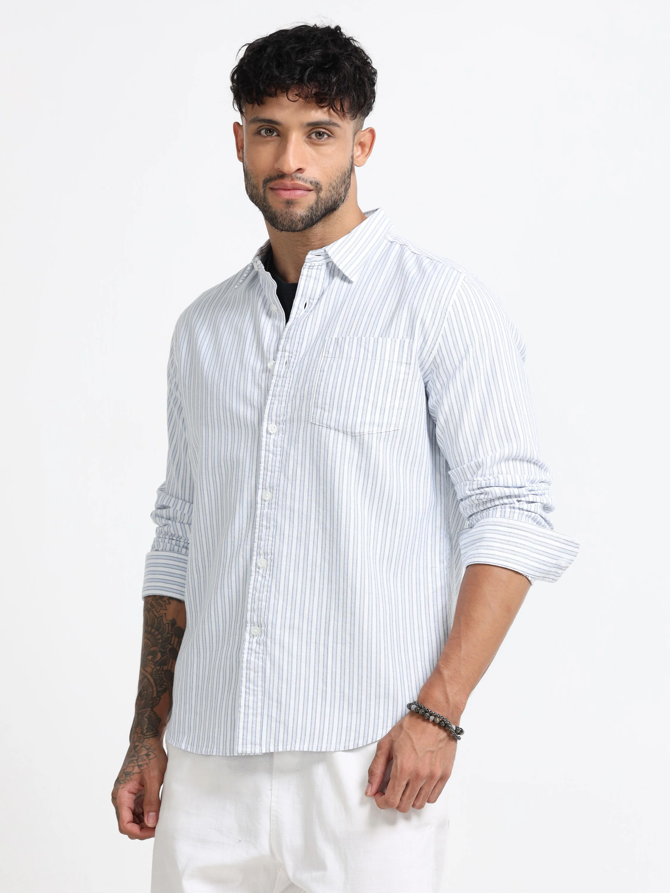 Men Blue & White Stripe Shirt - Image 5