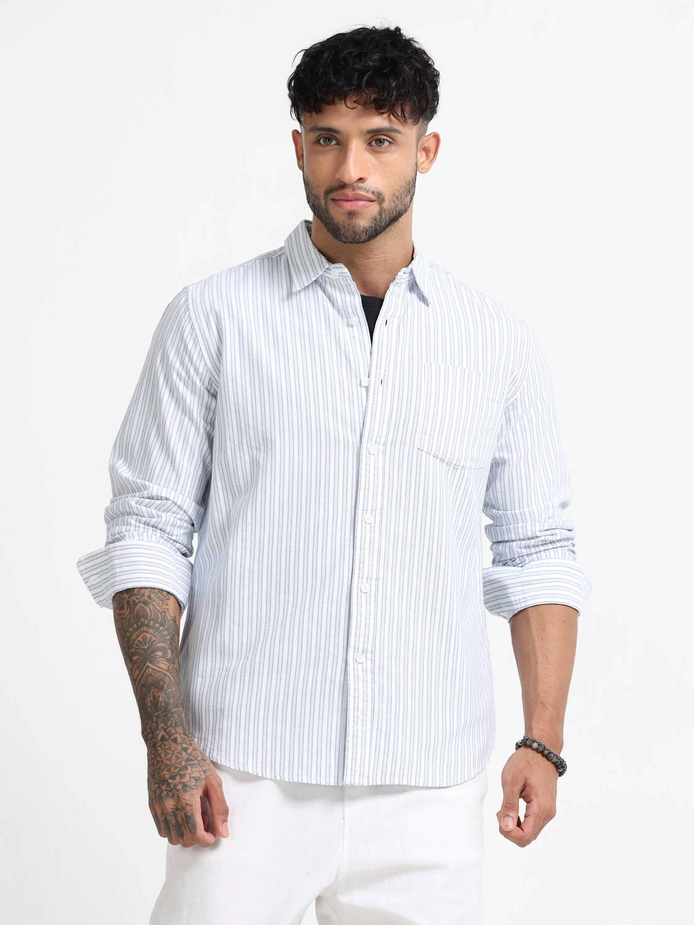 Men Blue & White Stripe Shirt - Image 6