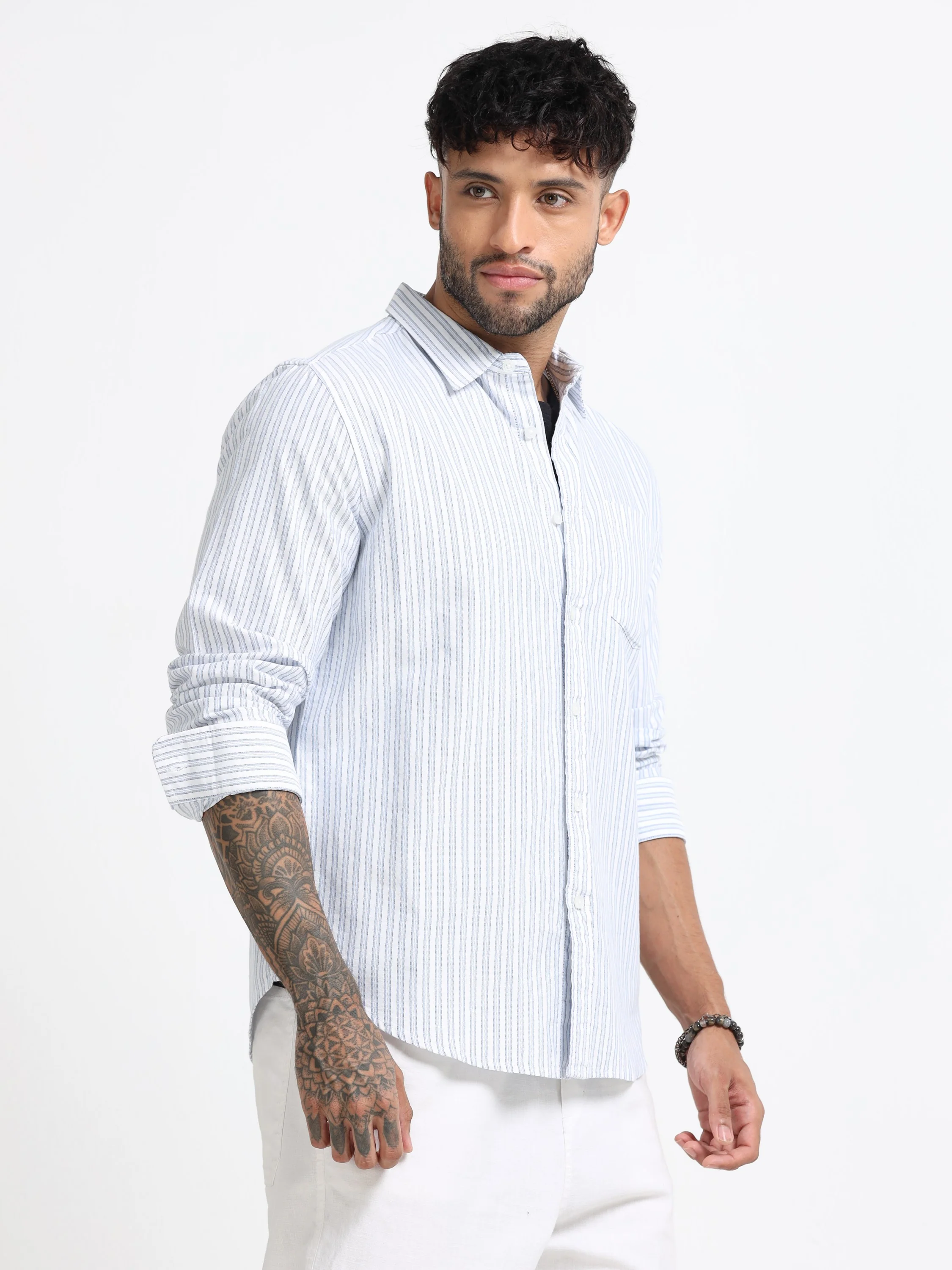 Men Blue & White Stripe Shirt - Image 7