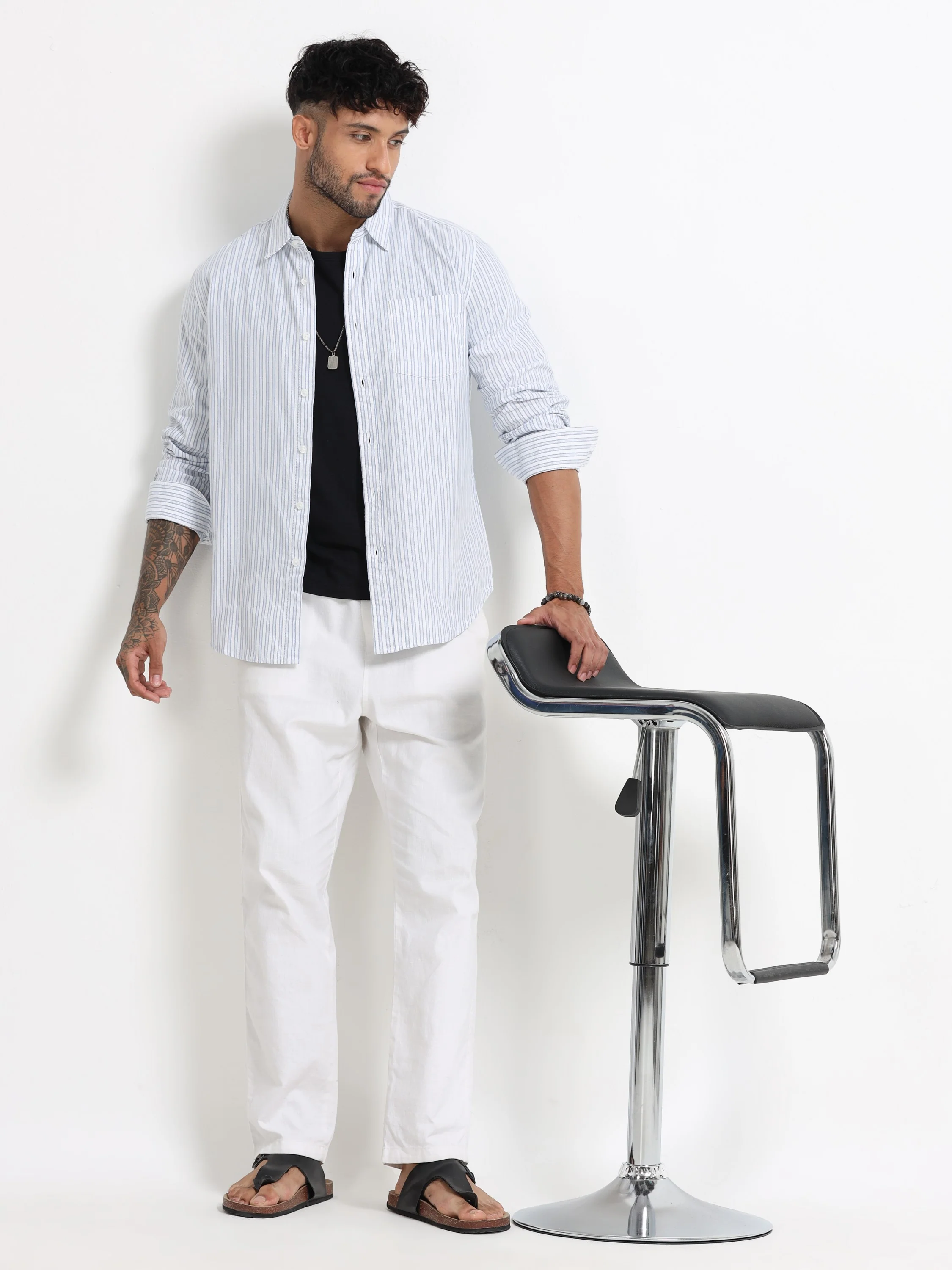 Men Blue & White Stripe Shirt - Image 8
