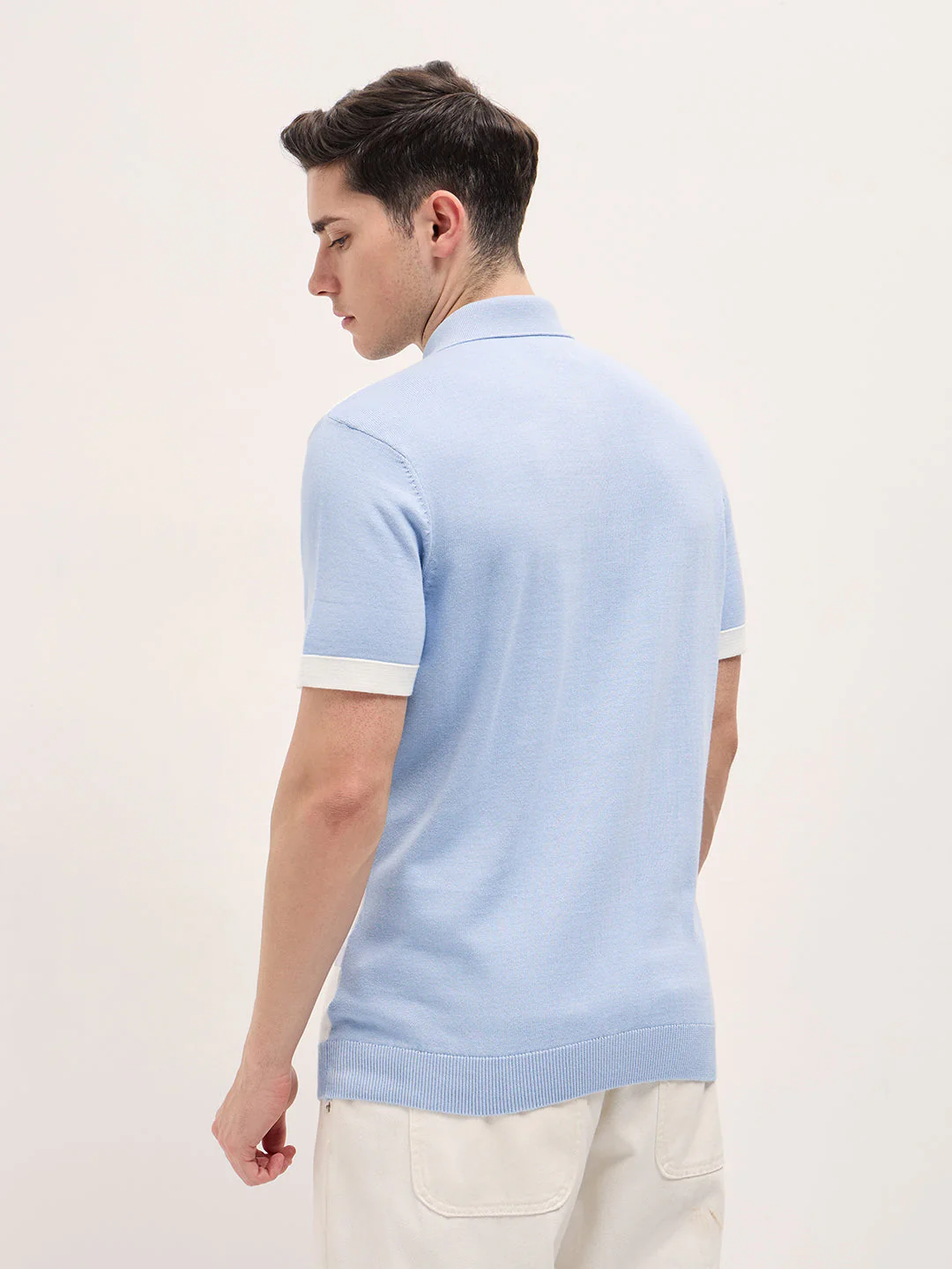 Men Blue & White Color Block Knit Design Regular Fit Polo - Image 2