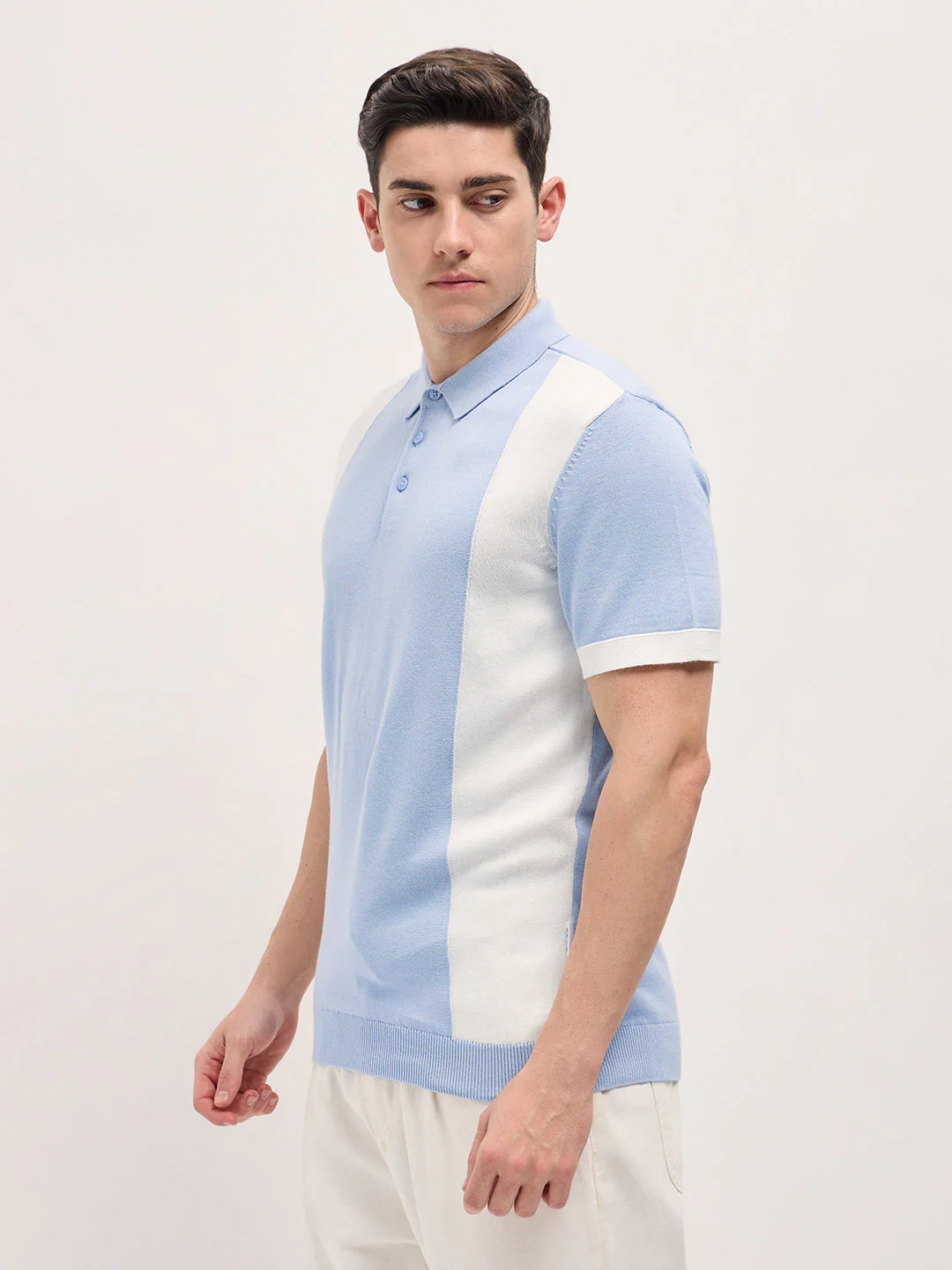 Men Blue & White Color Block Knit Design Regular Fit Polo - Image 3