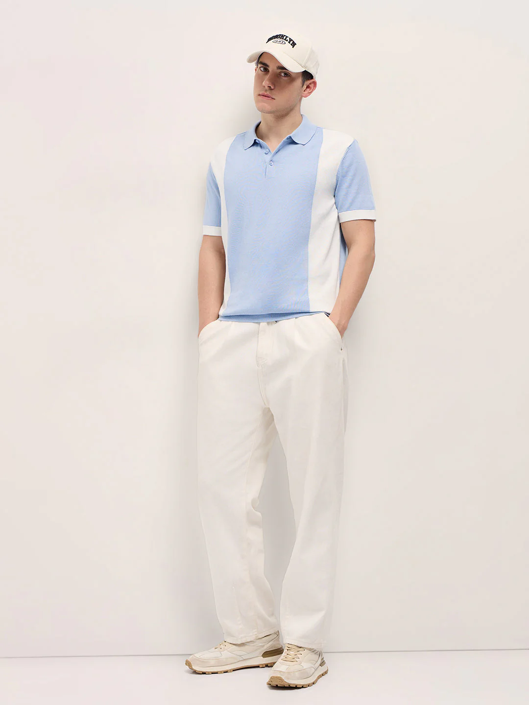 Men Blue & White Color Block Knit Design Regular Fit Polo - Image 4