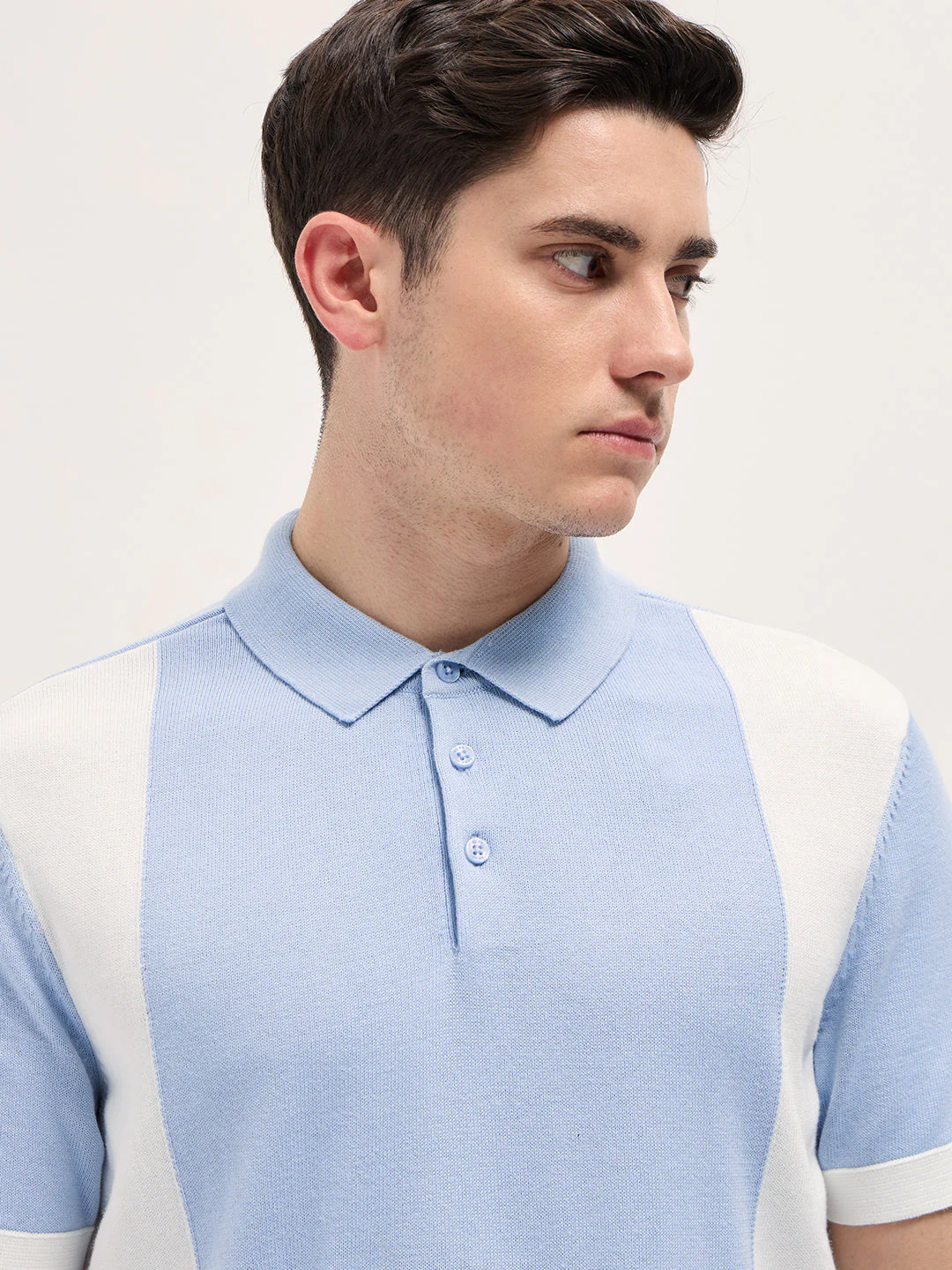 Men Blue & White Color Block Knit Design Regular Fit Polo - Image 5
