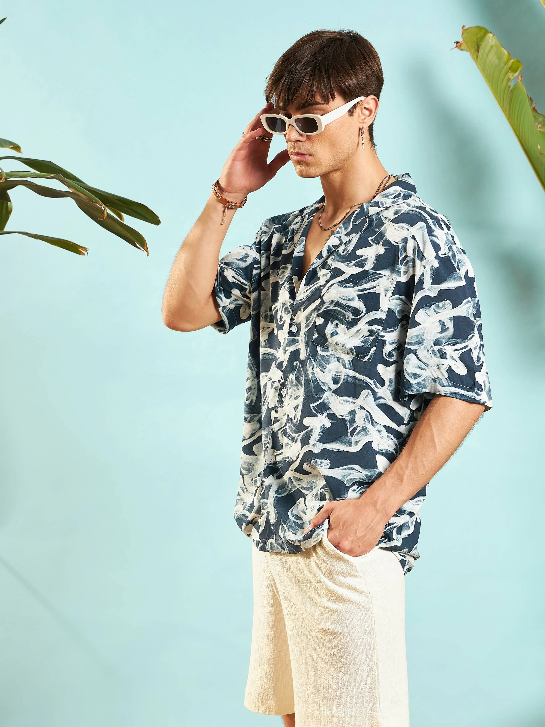 Men Blue & White Conversational Print Relax Fit Shirt - Image 3
