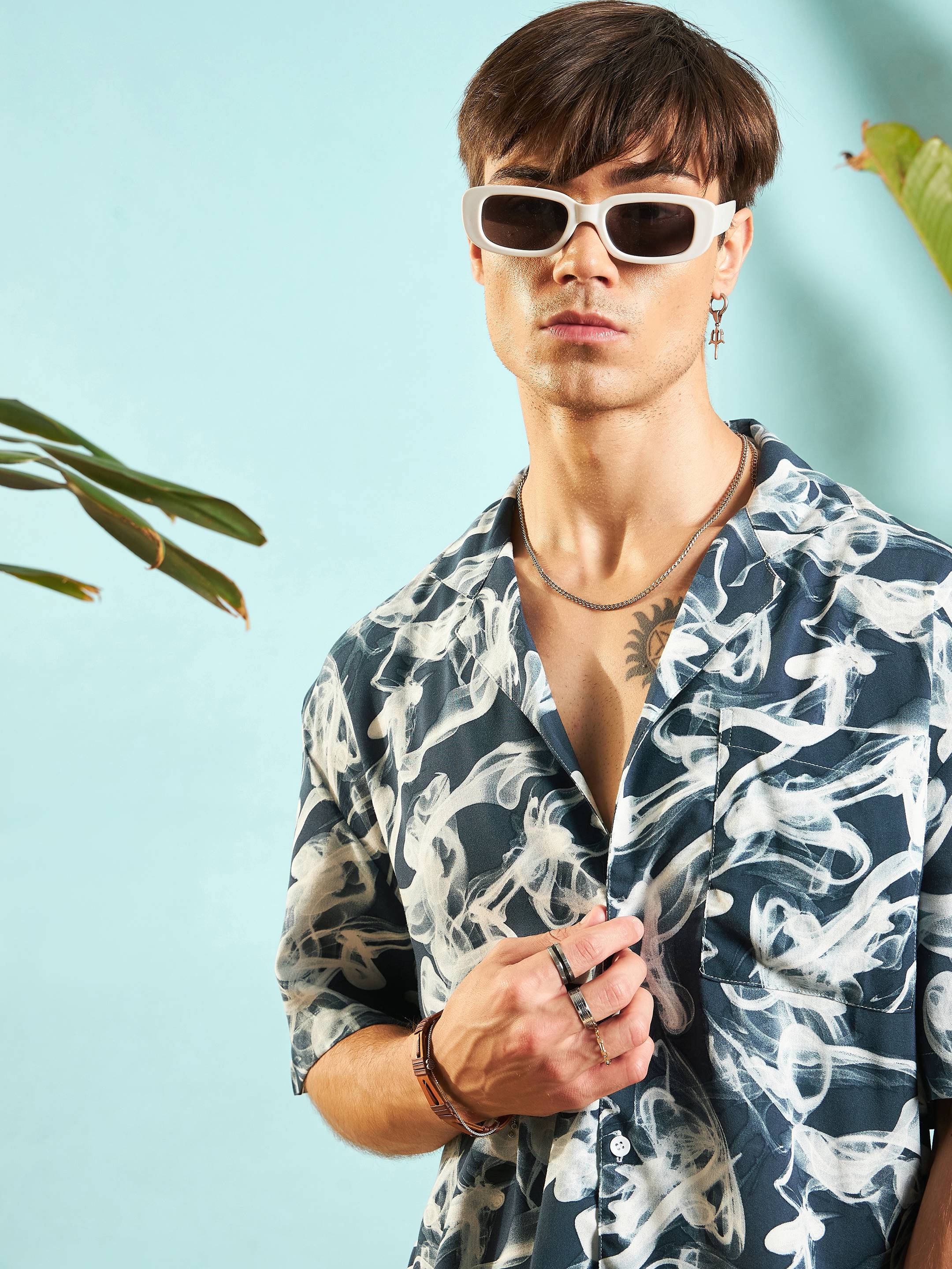 Men Blue & White Conversational Print Relax Fit Shirt - Image 4