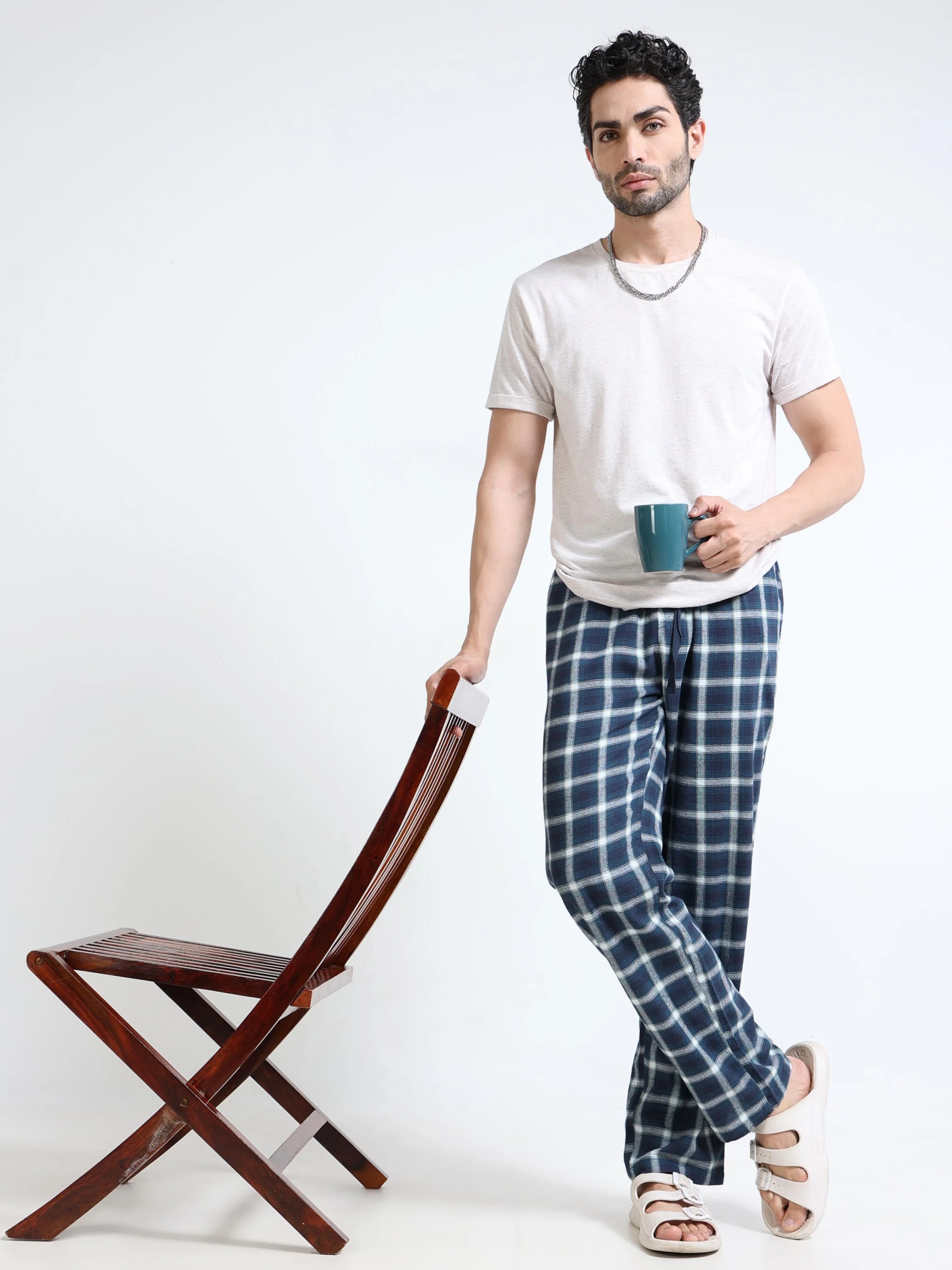 Men Blue & White Plaid Pants - Image 2