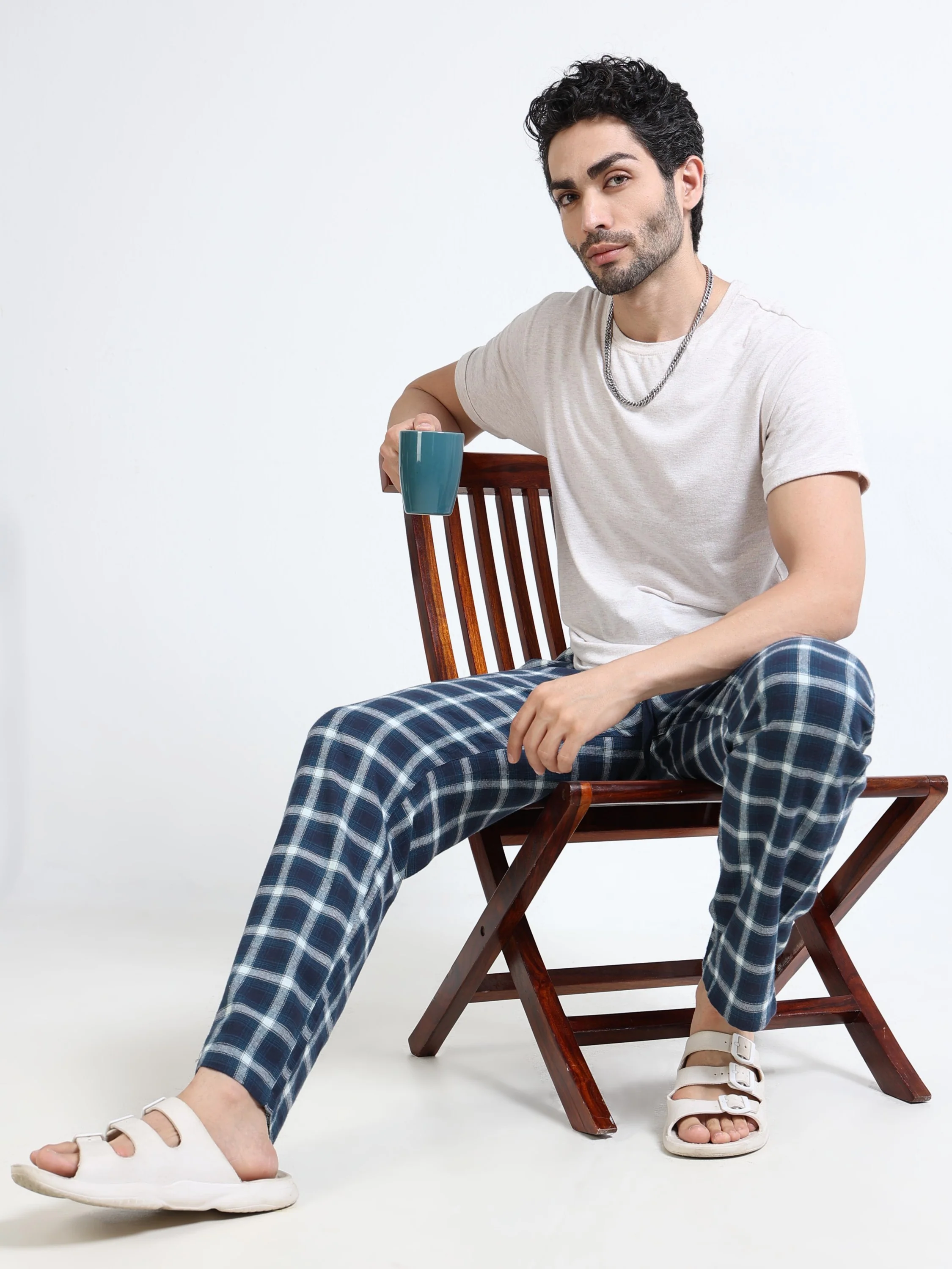 Men Blue & White Plaid Pants - Image 7